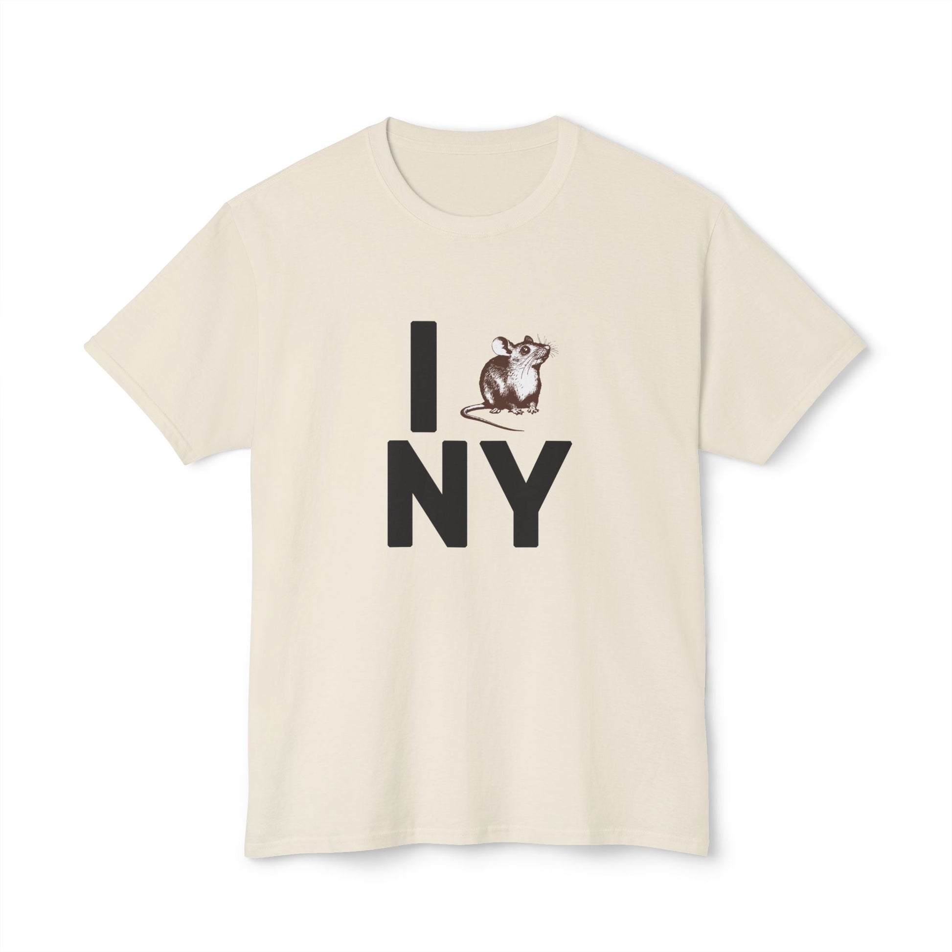 Flat lay of NY RAT T-Shirt in cream with bold New York rat parody design.