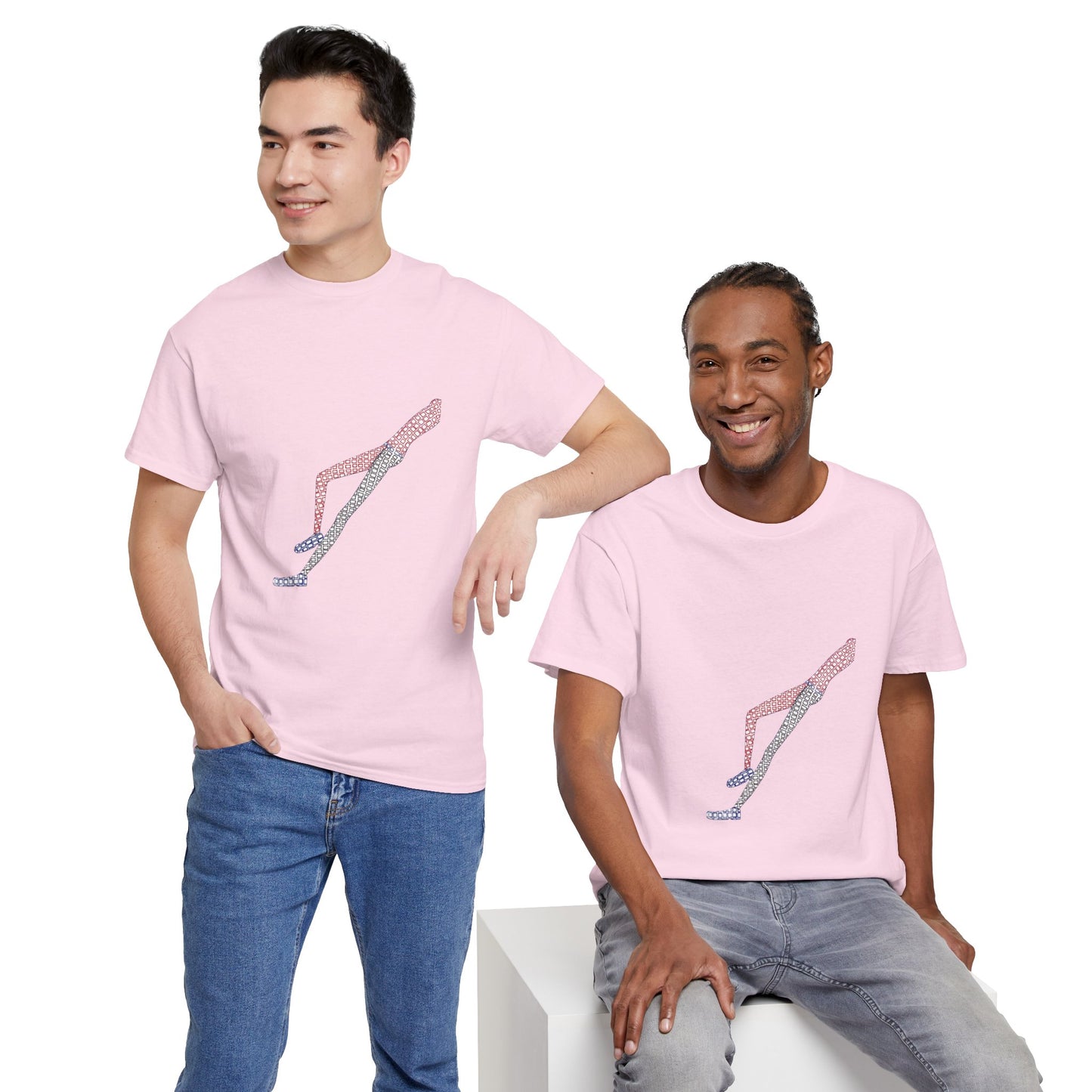 Two men wearing pink Shapes in Shapes T-Shirts smiling