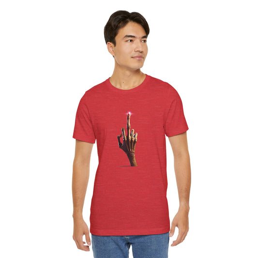 Man wearing red E.T Unisex T-Shirt with graphic design