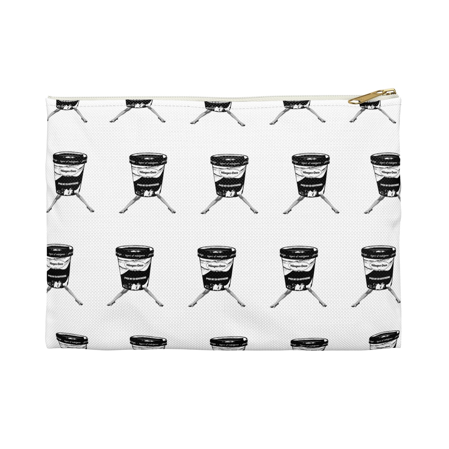 White pouch with black and white pattern of a chair design on a white background