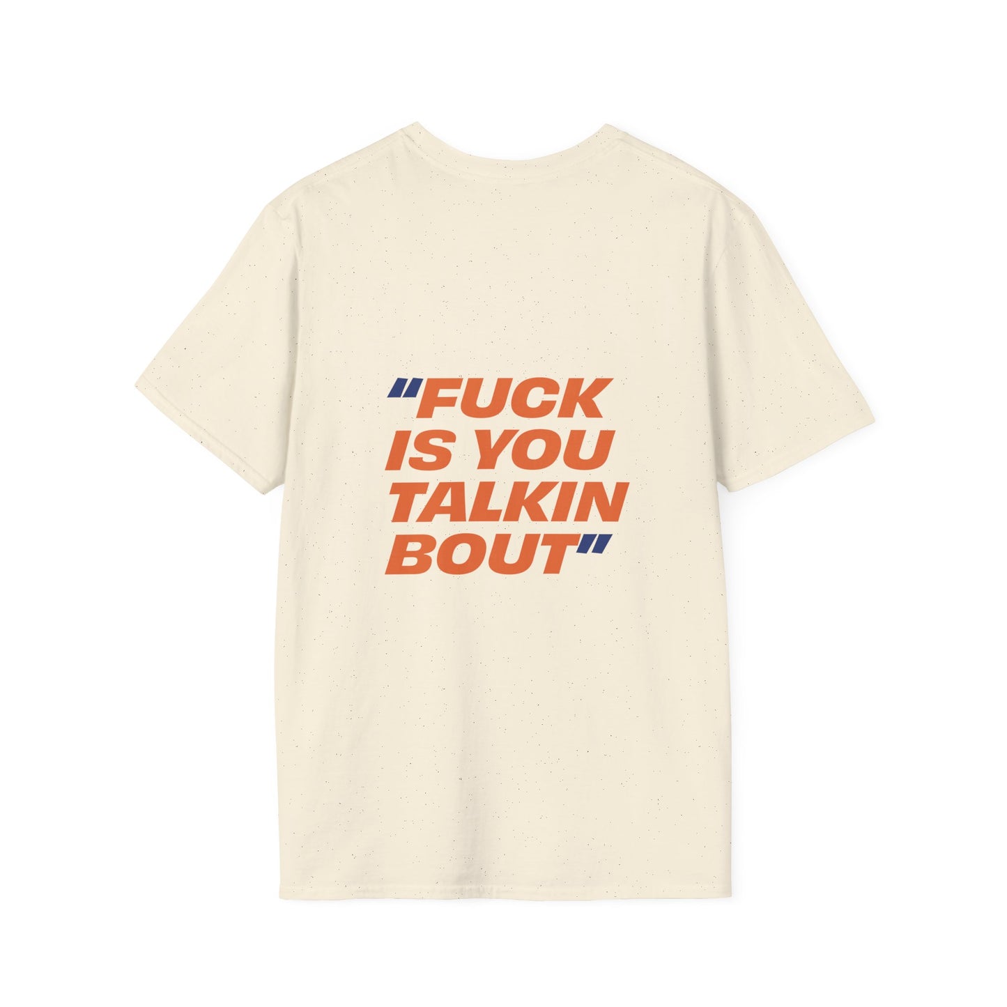 Flat lay of cream t-shirt with bright red-orange statement print across the back