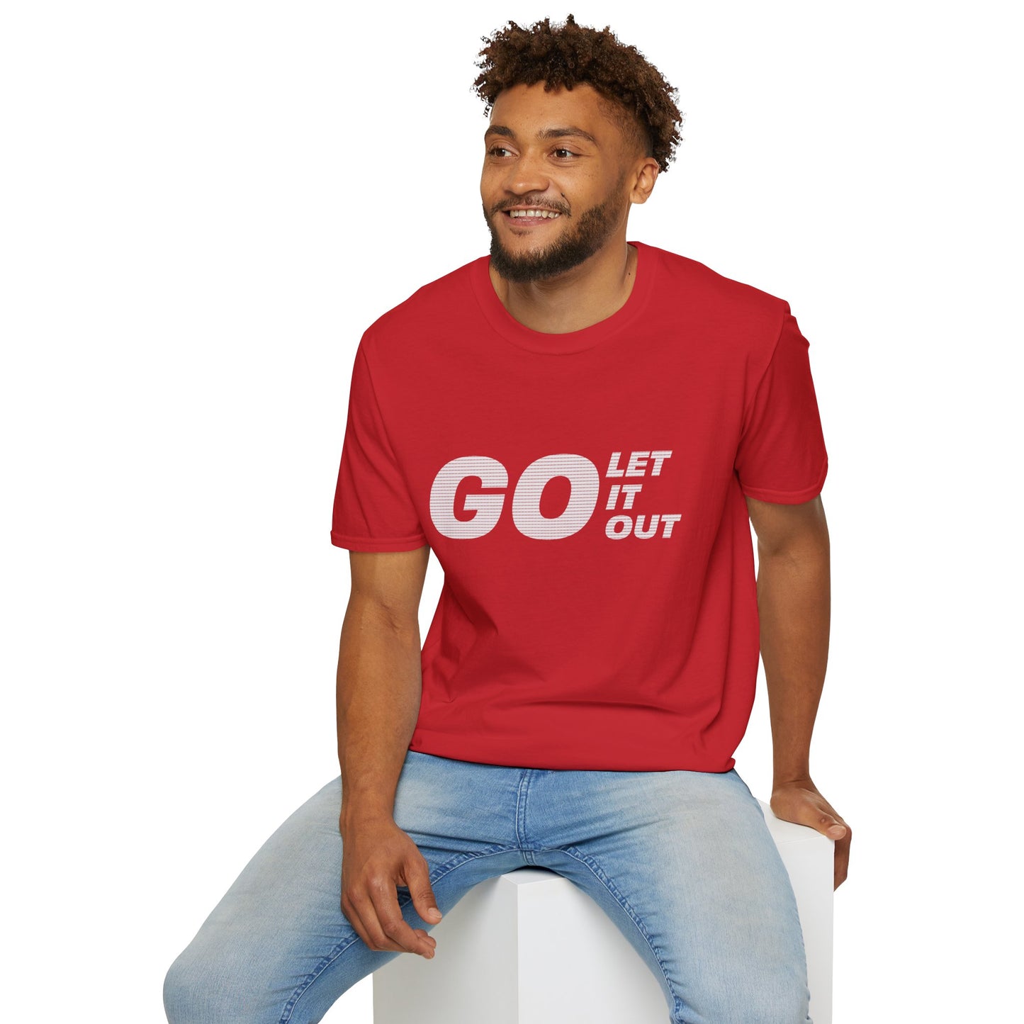Man wearing a red t-shirt with 'GO LET IT OUT' text on a white background