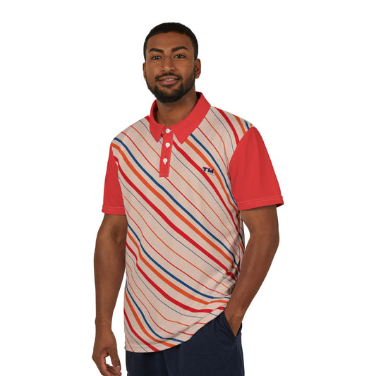 Striped Polo Shirt with diagonal colored lines, a contrast collar, and short sleeves, perfect for casual, golf, and athletic wear.