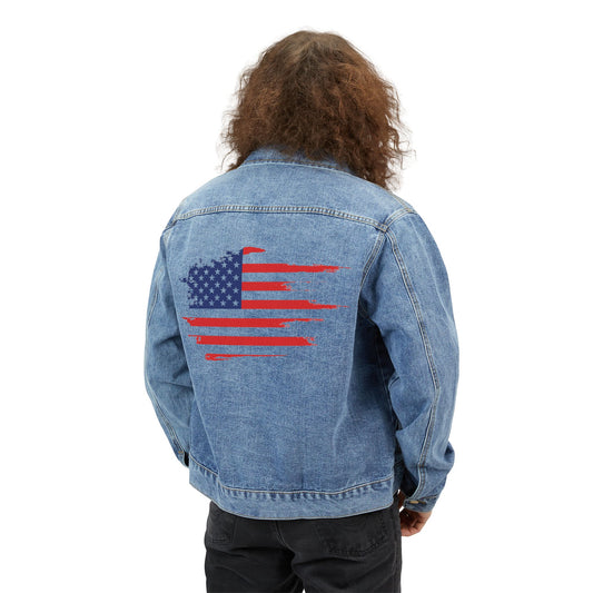Back view of Americana Men’s Denim Jacket with distressed American flag patch