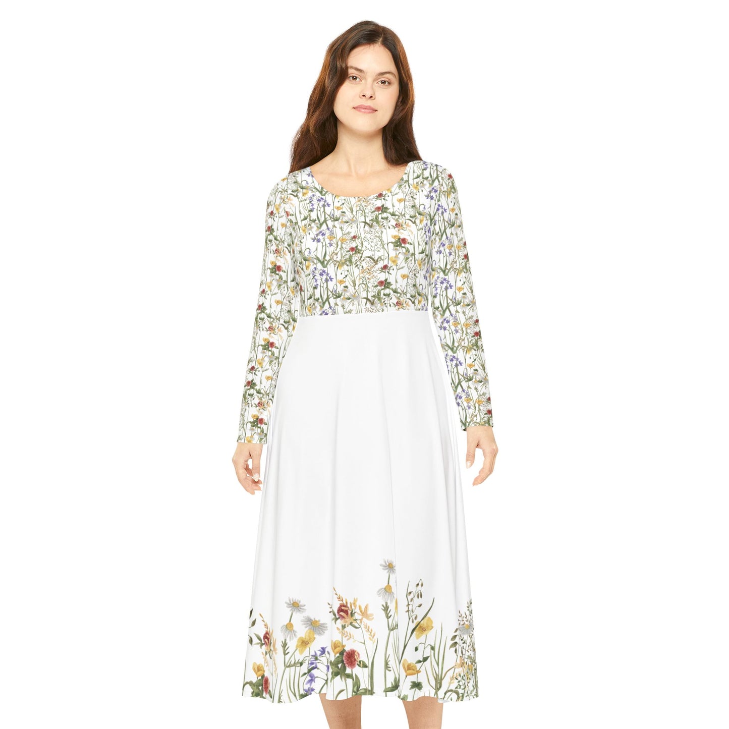 Woman wearing long sleeve floral midi dress with wildflower print