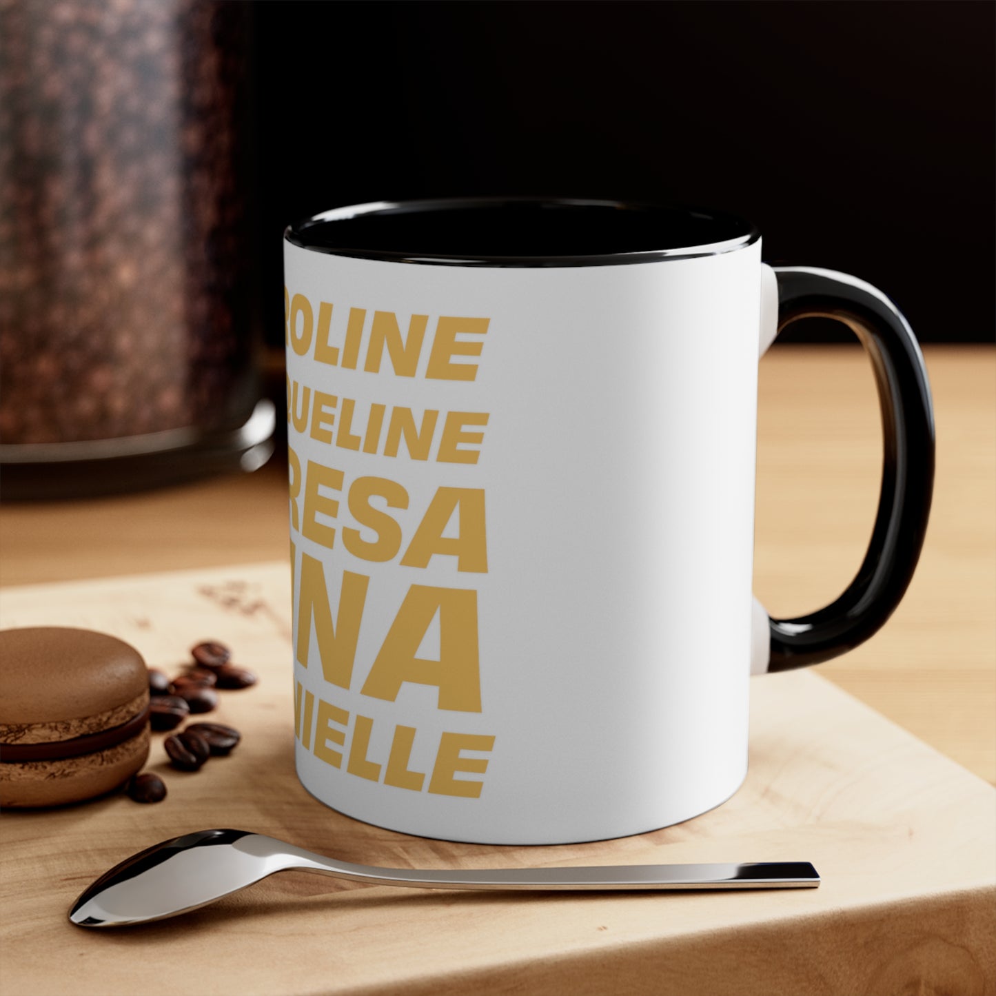 OG NJ housewives coffee mug black handle on table close up