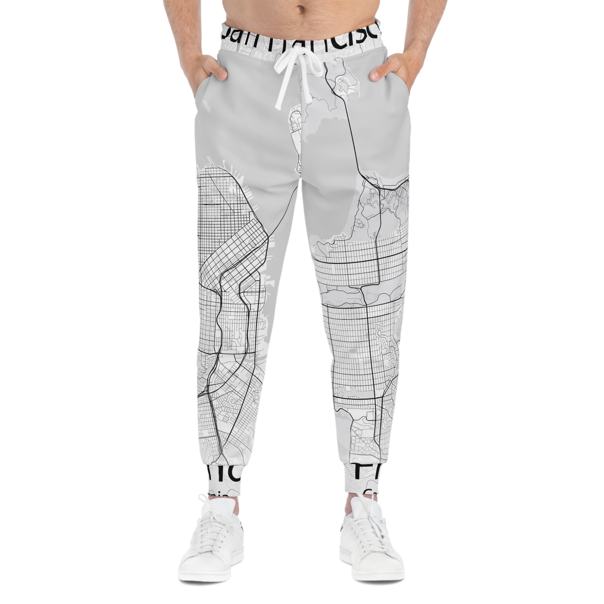 A pair of San Francisco Joggers featuring a stylish gray and black city map print of San Francisco, CA. Comfortable and trendy urban streetwear.