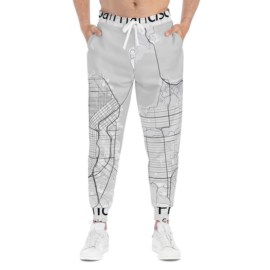 A pair of San Francisco Joggers featuring a stylish gray and black city map print of San Francisco, CA. Comfortable and trendy urban streetwear.