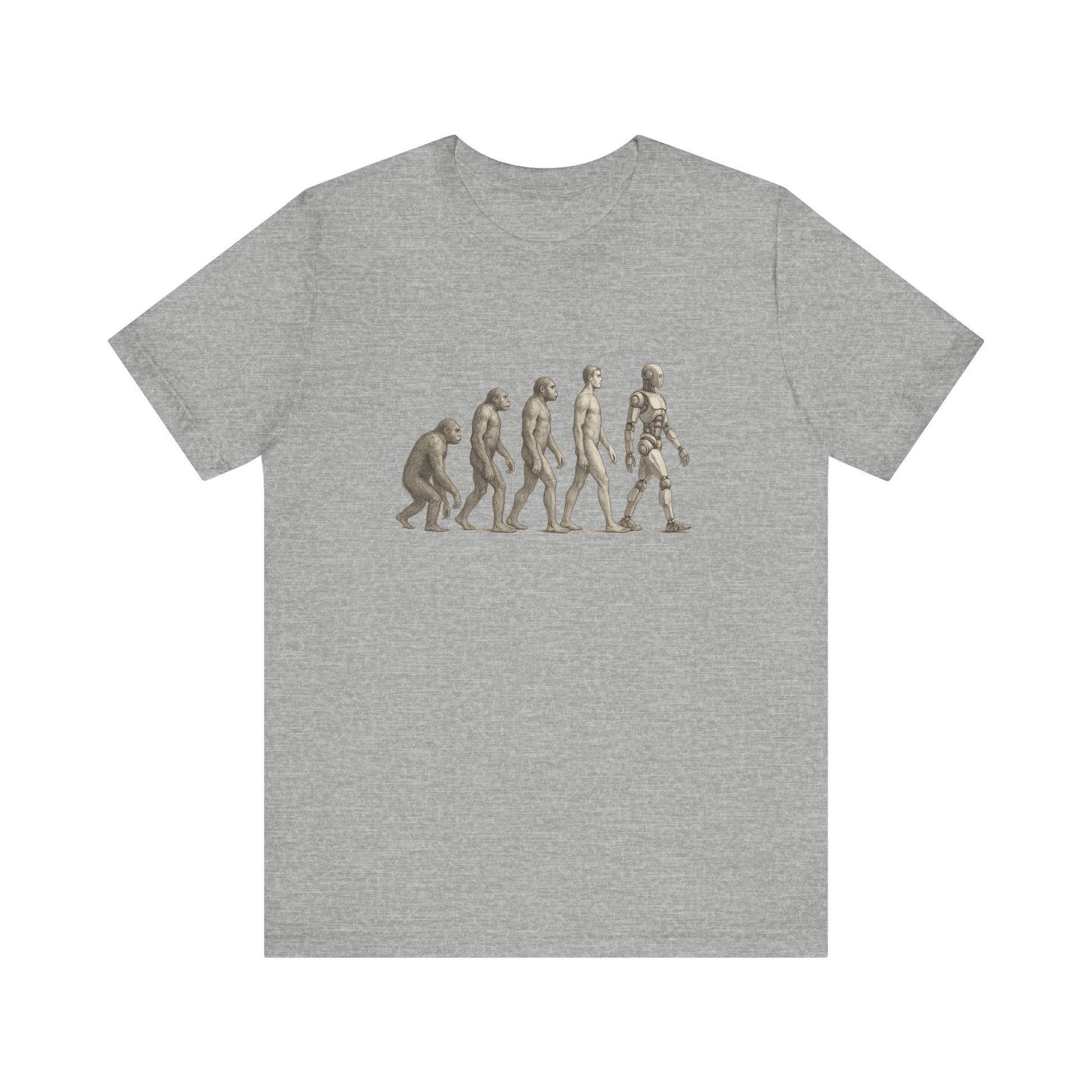 Gray t-shirt with human evolution graphic from ape to robot