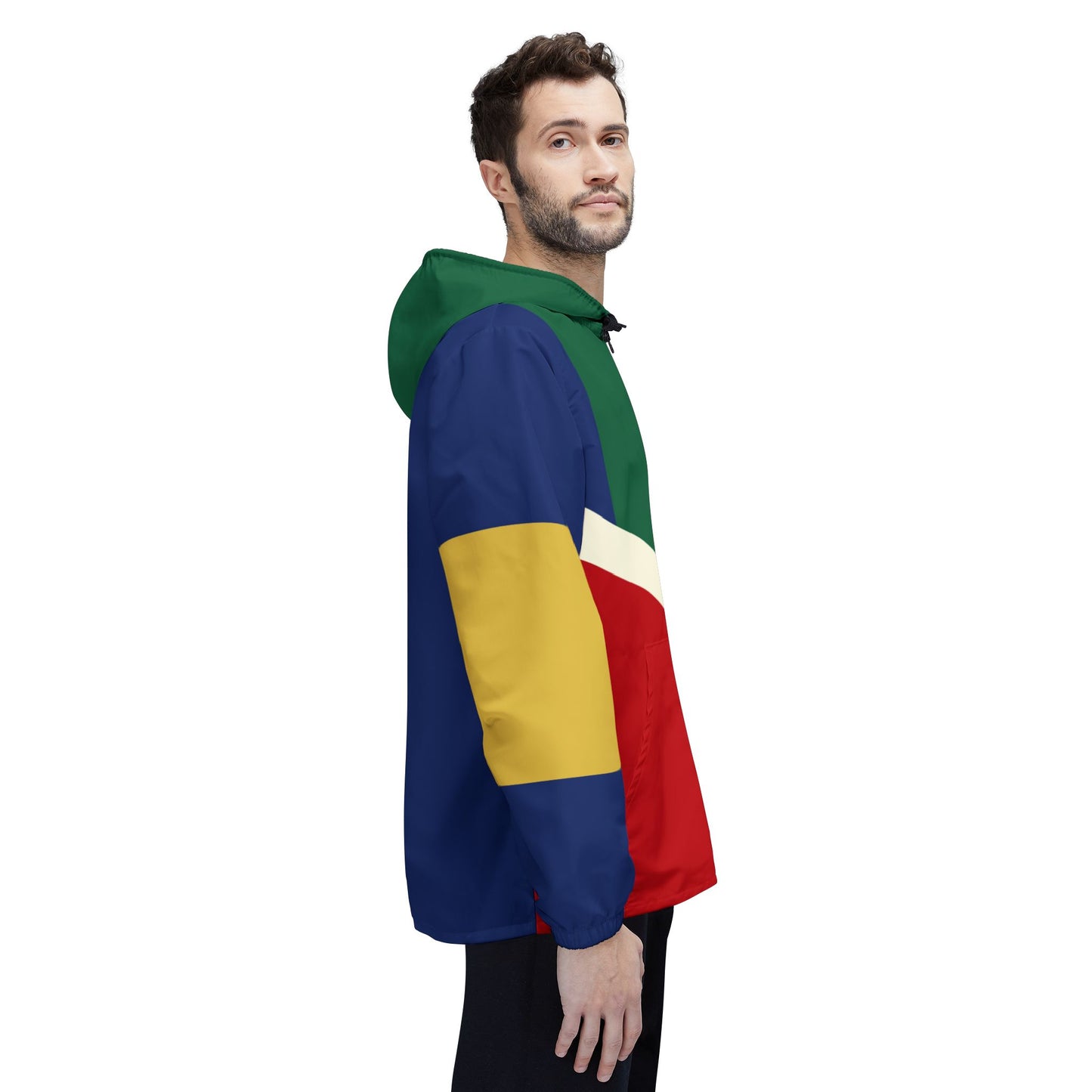 Side view of a person wearing the colorblock windbreaker showing the multicolor panel design.