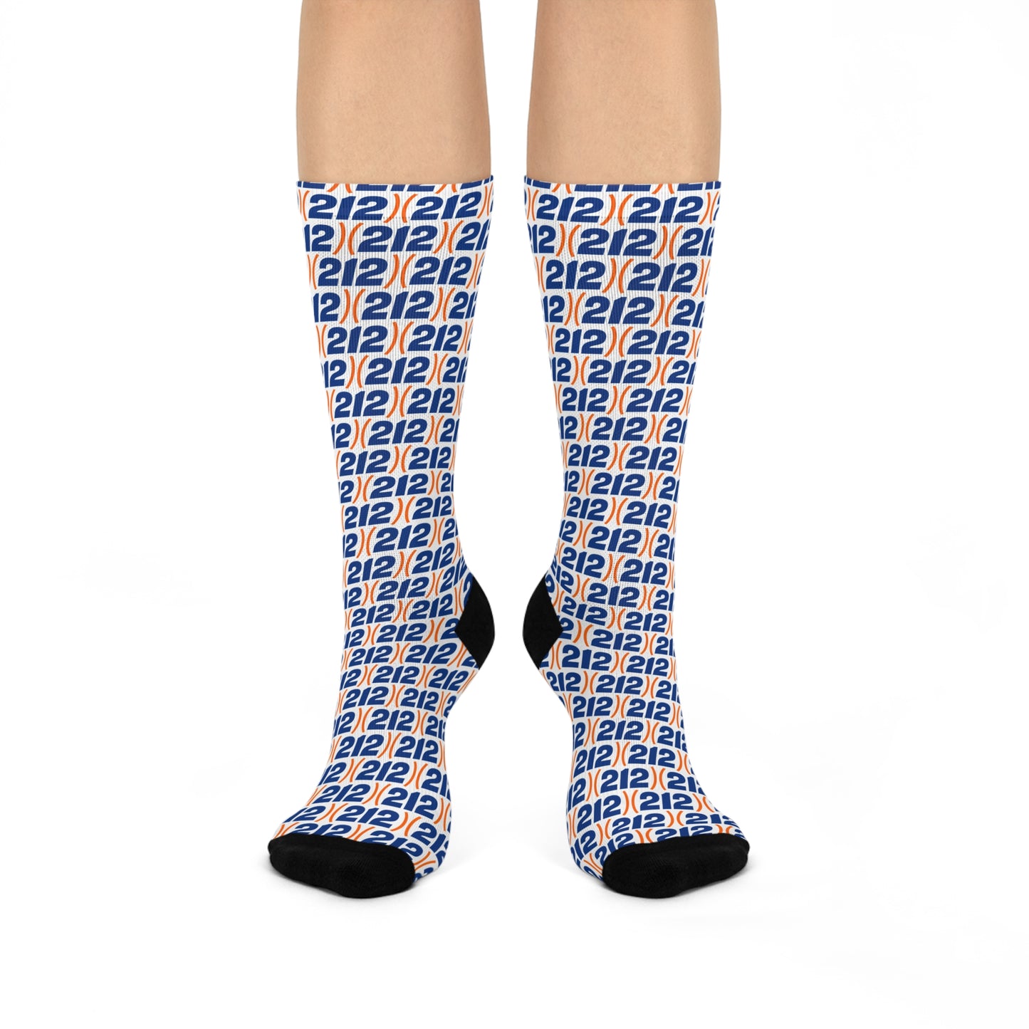 Front and side view of (212) Socks with orange and navy Manhattan area code print