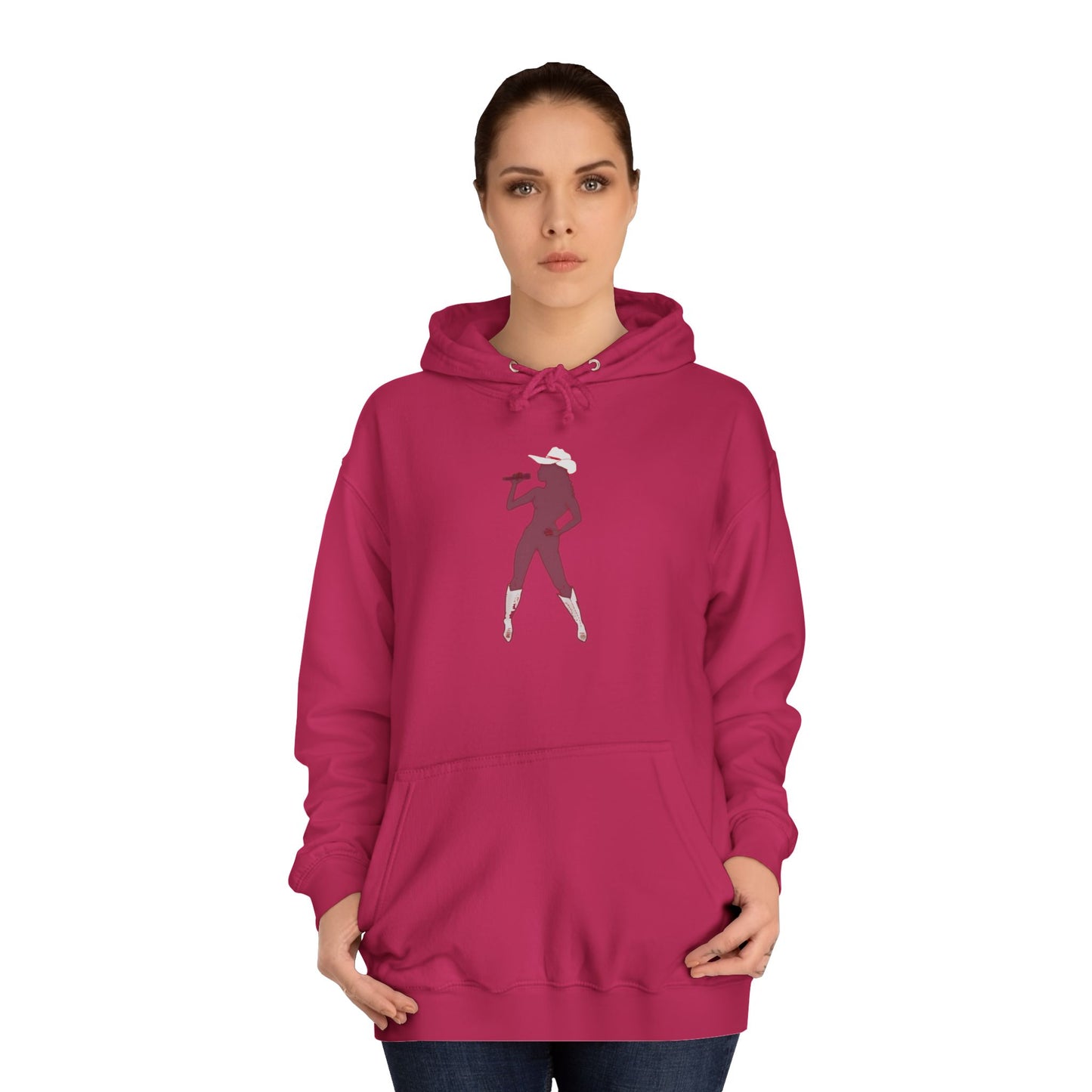 Woman wearing a pink hoodie with a graphic design on a white background