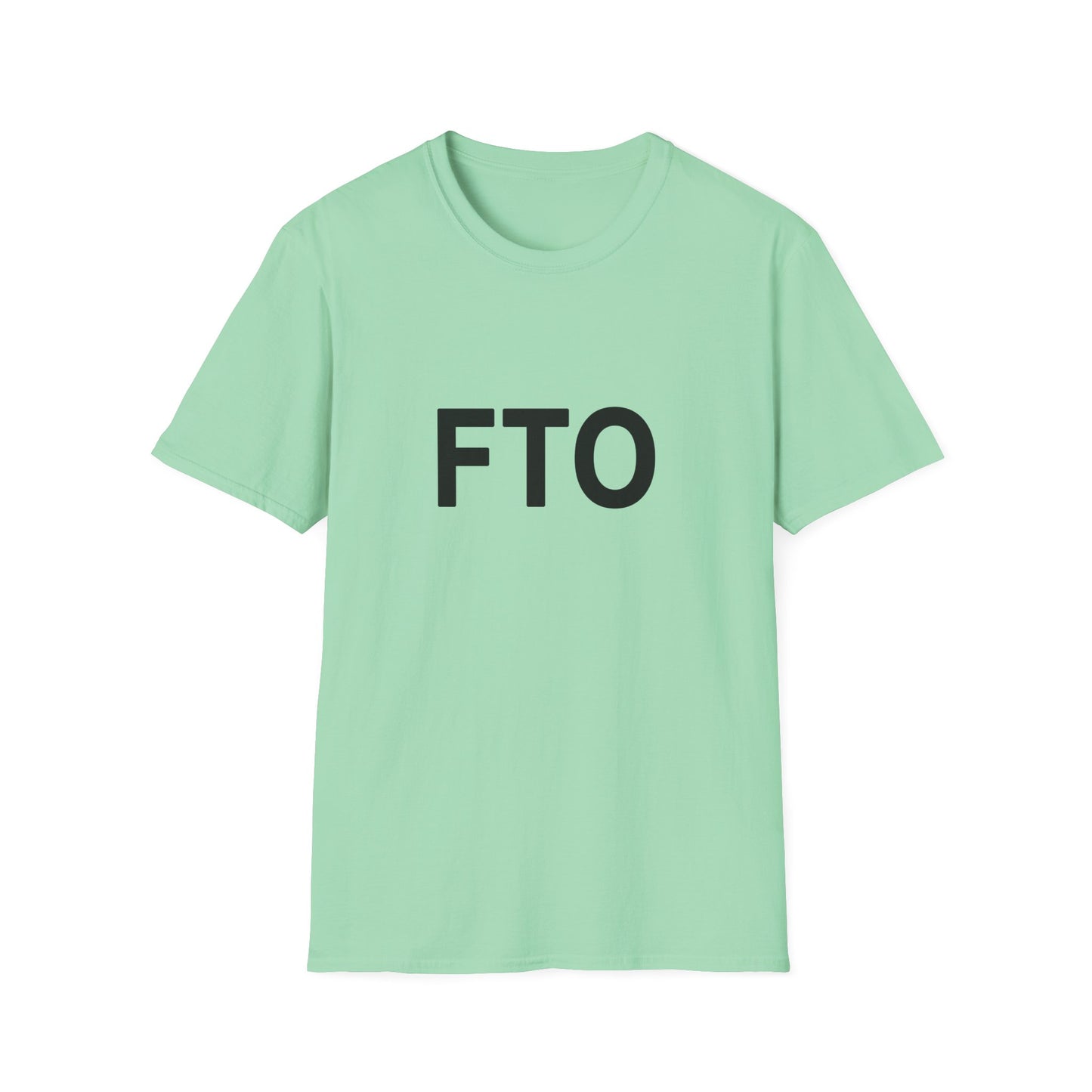Mint green t-shirt with 'FTO' text on a white background