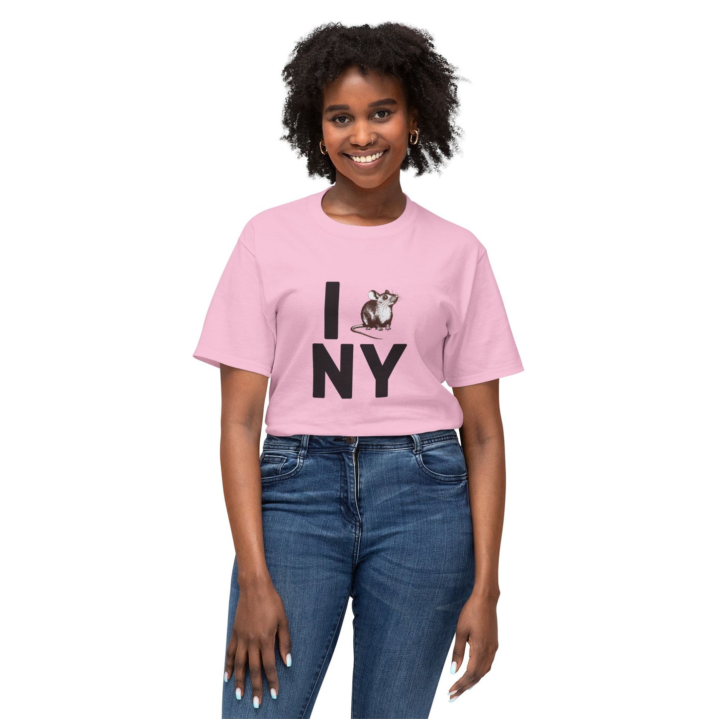 Female model wearing pink NY RAT T-Shirt with bold parody rat design.