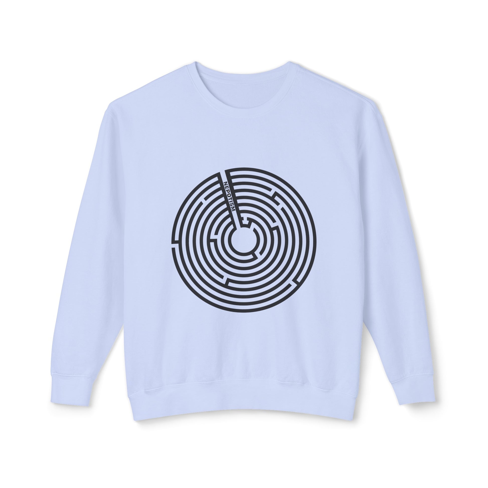Light blue Nepo Sweatshirt with black spiral design laid flat
