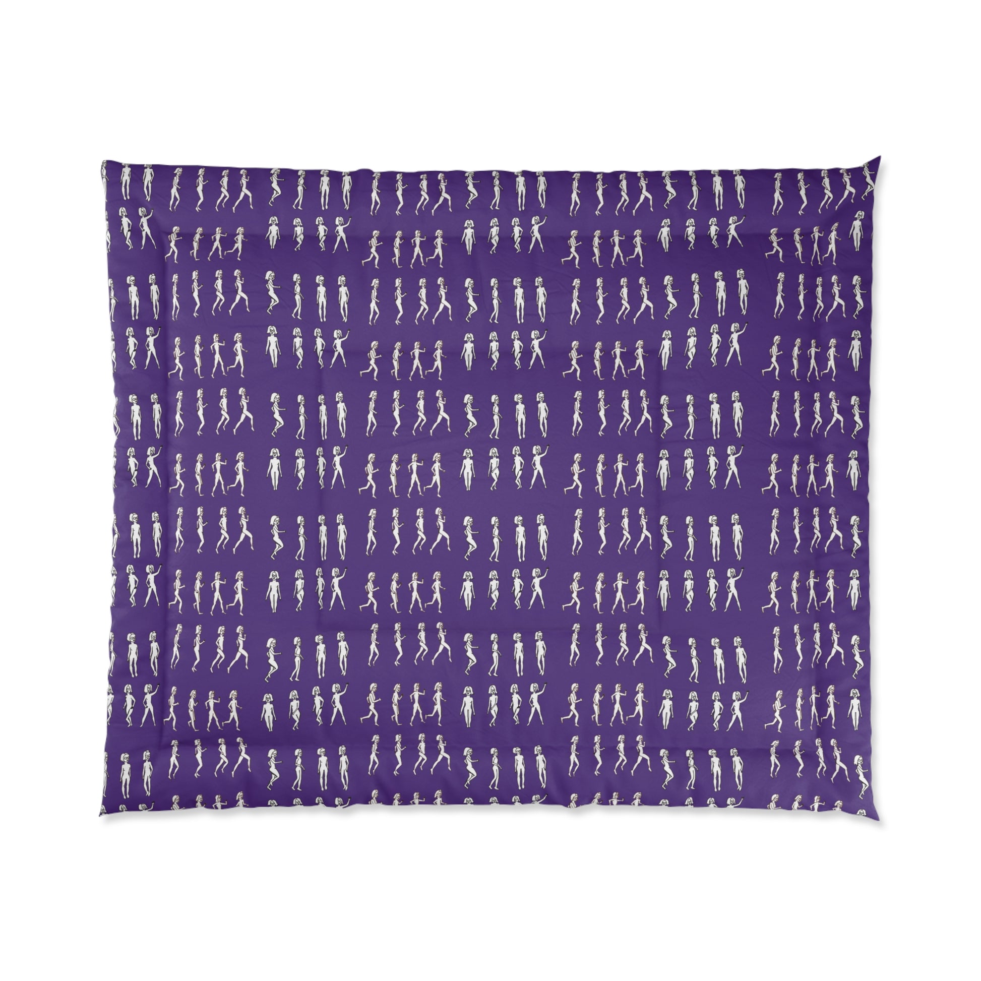 Flat lay of the “Running Out” comforter – deep purple fabric with repeated white abstract human figure design, showcasing full quilt pattern clearly.