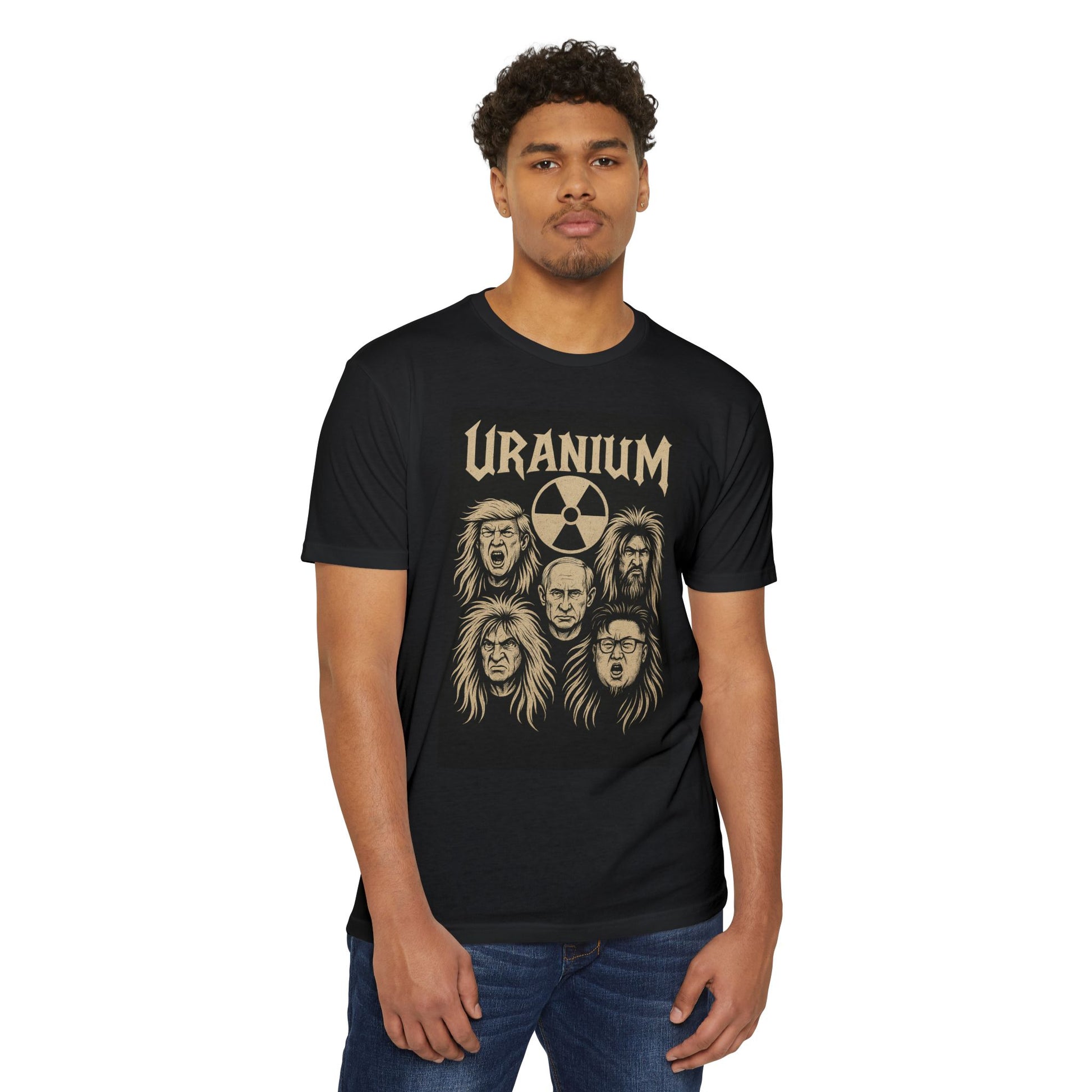 Male model wearing the Uranium World Tour 2025 T-shirt, showing the full graphic design of global leaders as a heavy metal band.