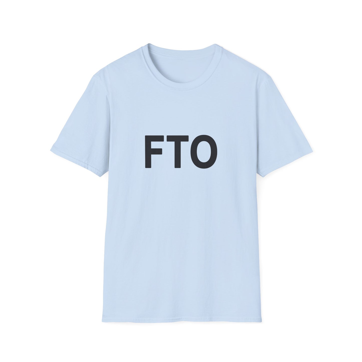 Light blue t-shirt with 'FTO' printed on it against a white background