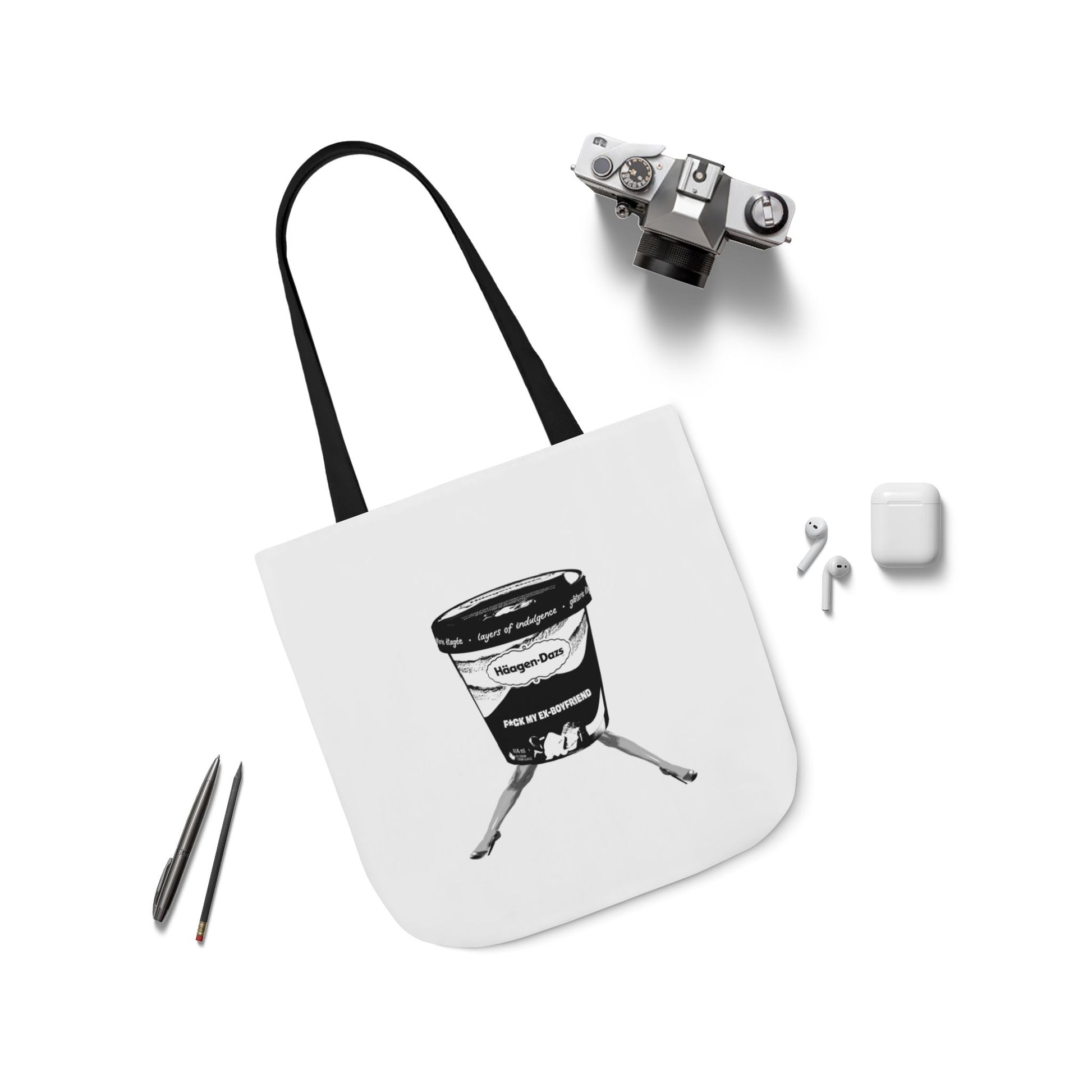 F*ck My Ex Boyfriend Tote Bag with black straps displayed flat with accessories