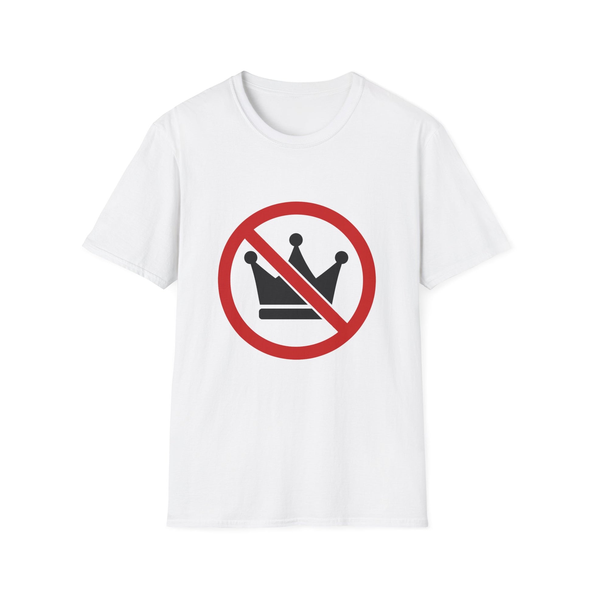 White t-shirt with a red circle and line through a black crown symbol on a white background