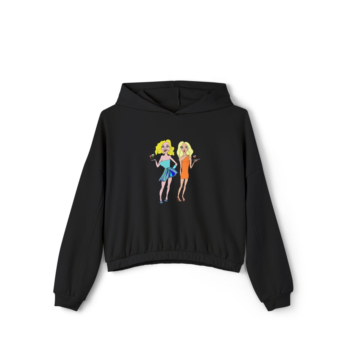 Flat lay of black waitress hoodie with original hand-drawn art.