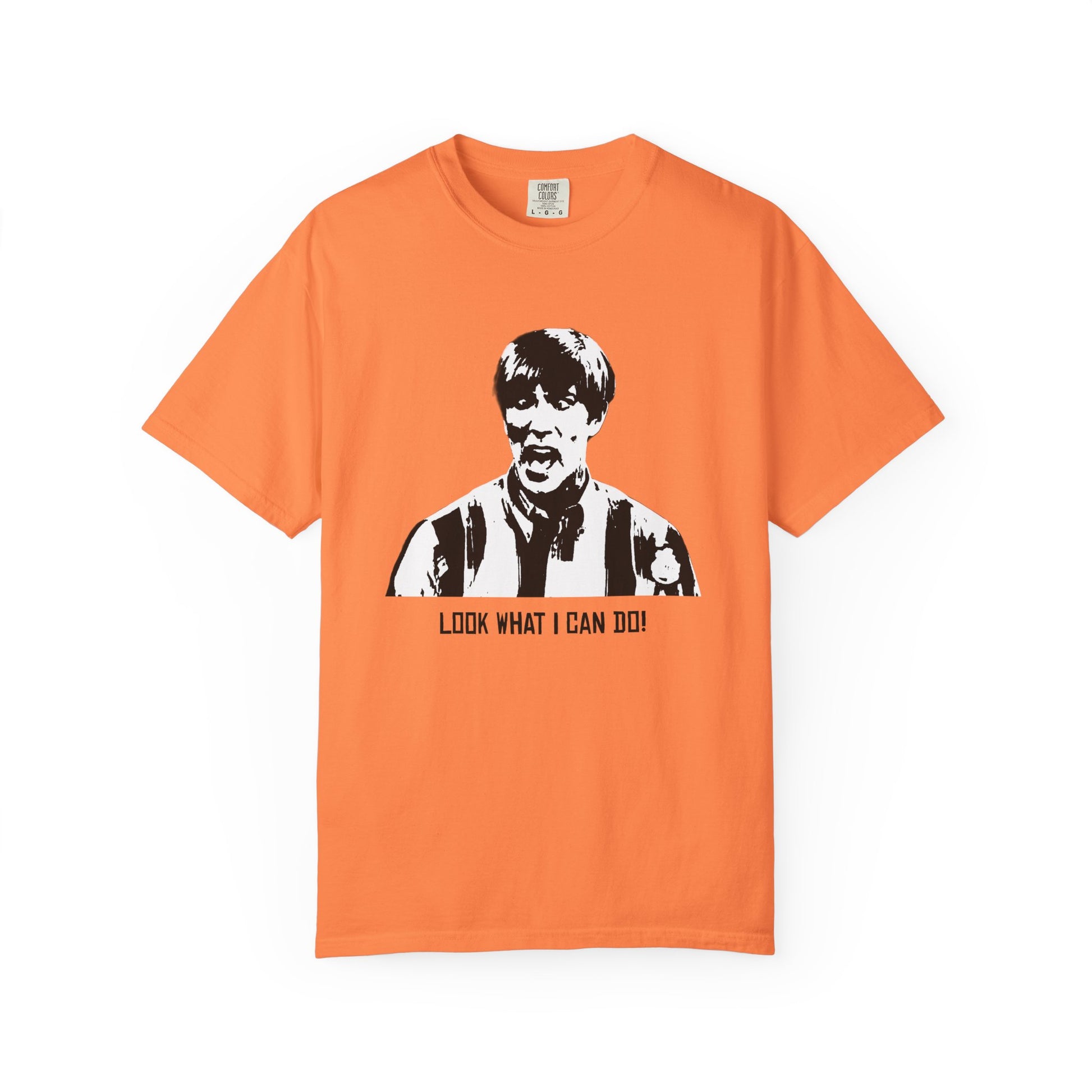 Orange Stuart MadTV T-shirt laid flat featuring quote and character artwork.