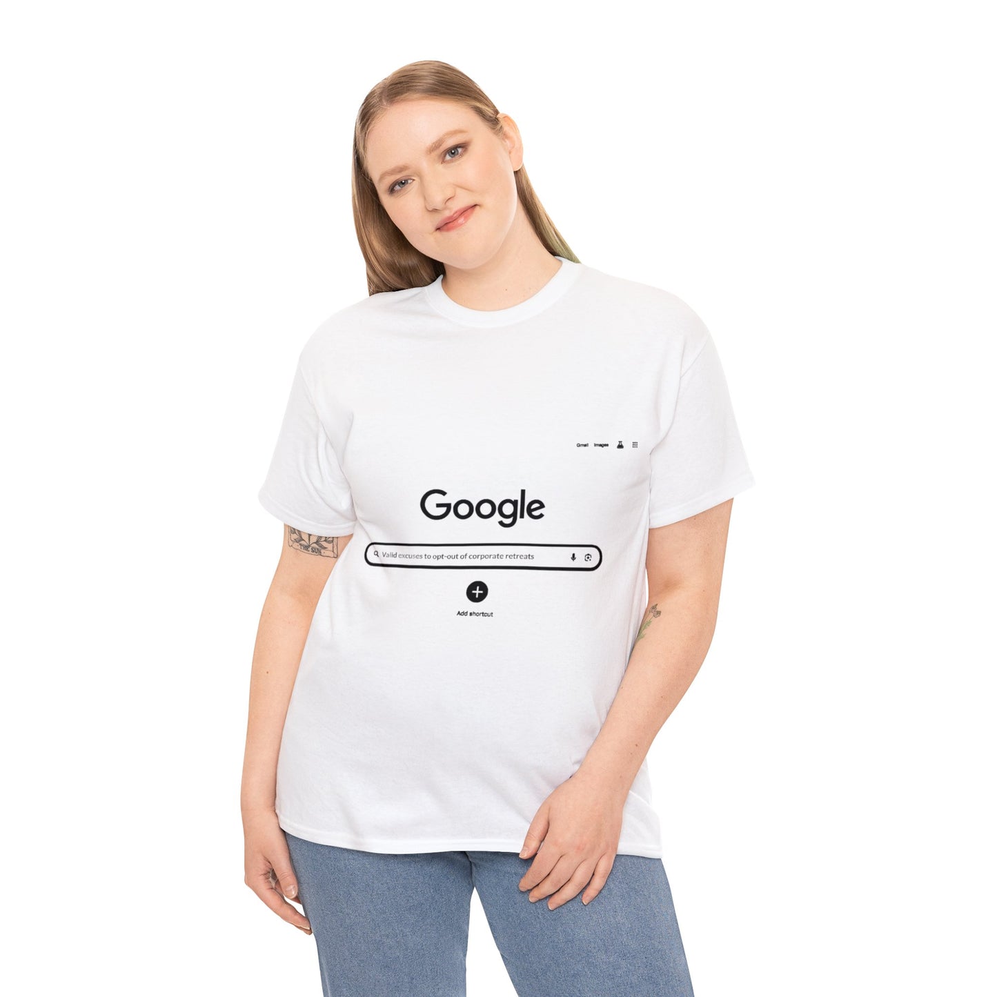 woman wearing white corporate retreat excuses t shirt casual look