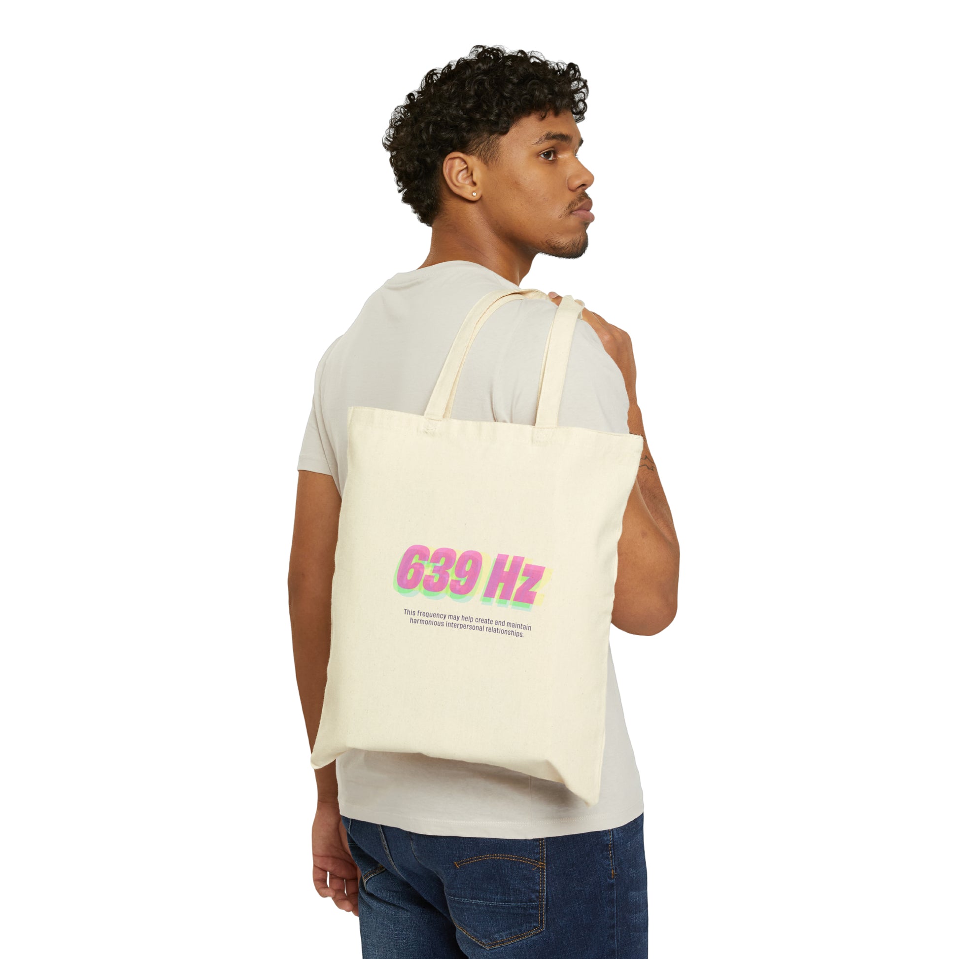 Natural beige tote bag featuring the text "639 Hz" in colorful gradient font with a caption about harmonious relationships