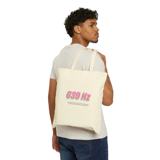 Natural beige tote bag featuring the text "639 Hz" in colorful gradient font with a caption about harmonious relationships
