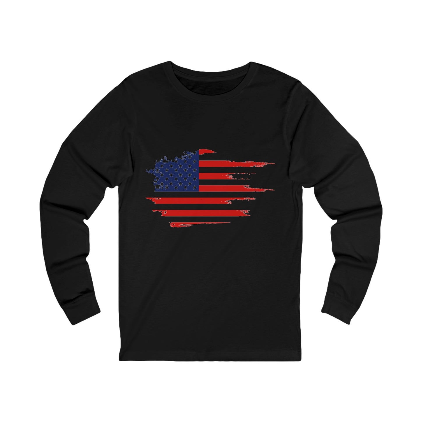 Black Americana Long Sleeve T-Shirt with distressed American flag graphic.
