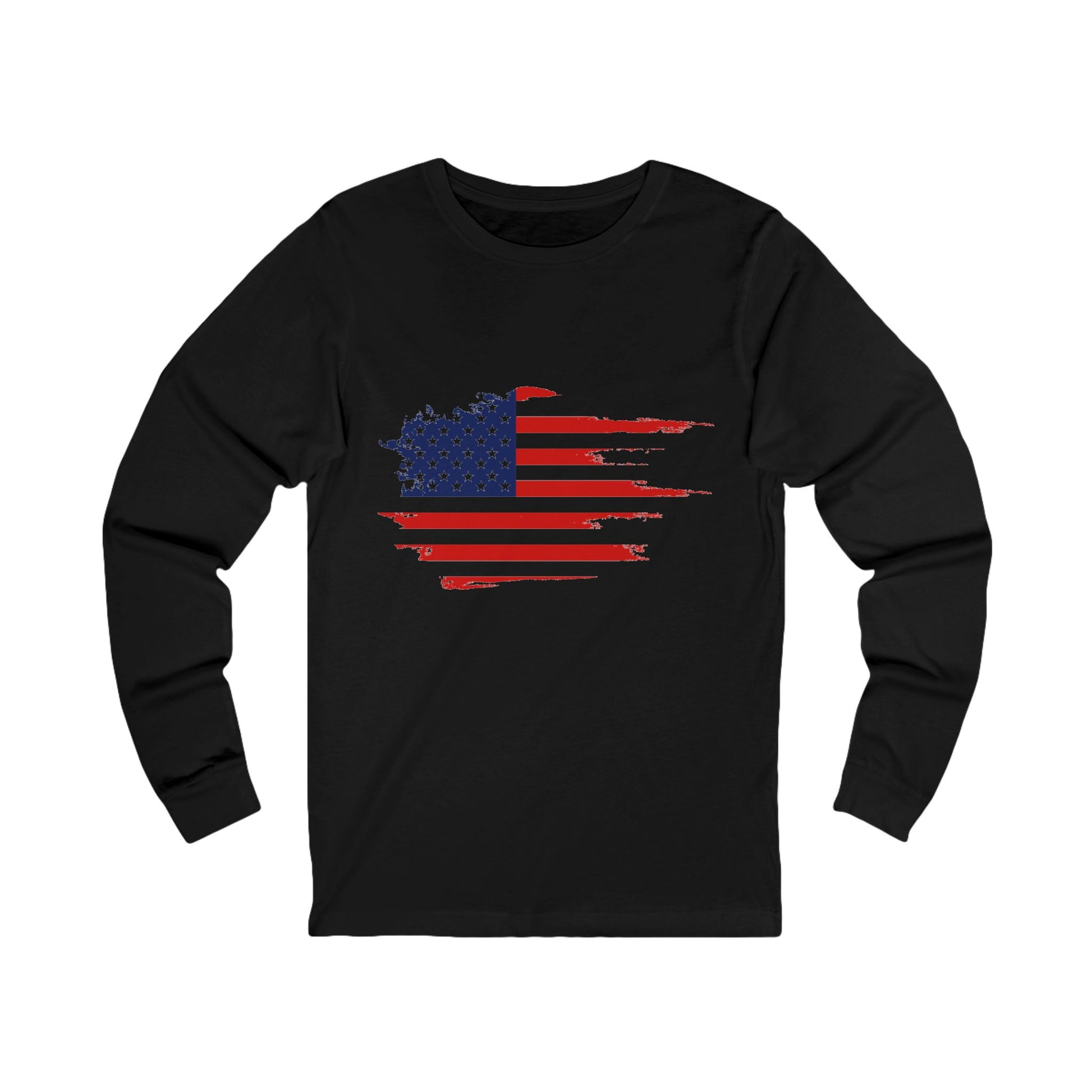 Black Americana Long Sleeve T-Shirt with distressed American flag graphic.