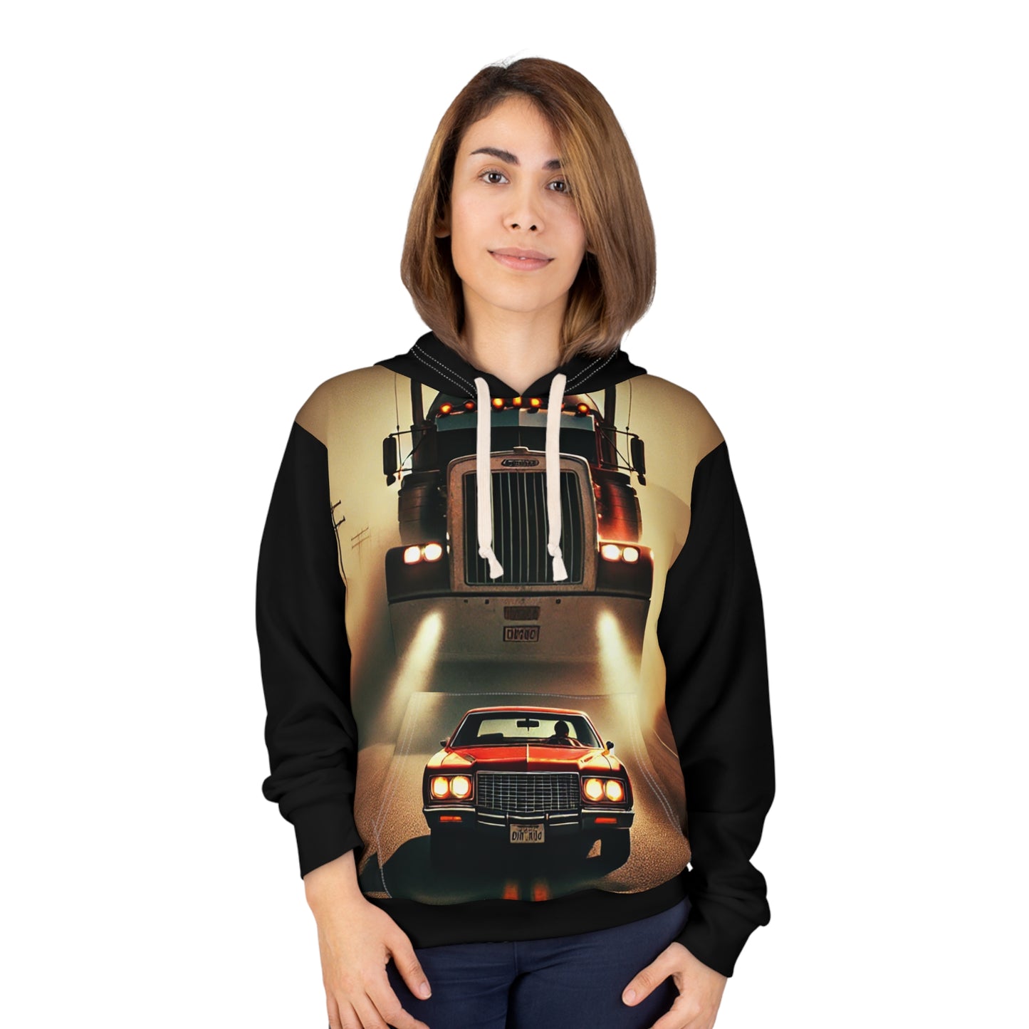 Female model wearing The Duel Unisex Pullover Hoodie with bold film-inspired print
