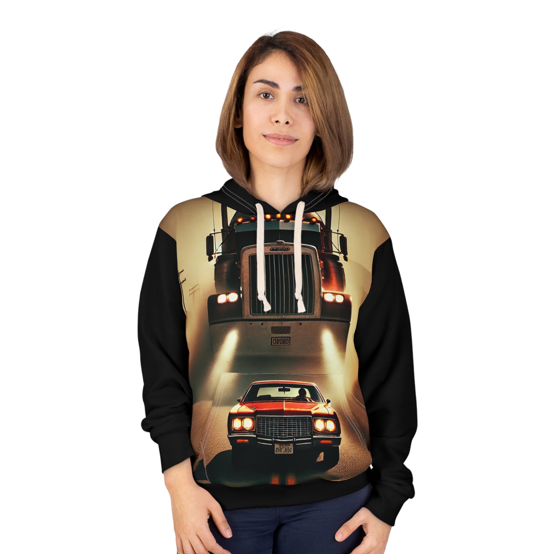 Female model wearing The Duel Unisex Pullover Hoodie with bold film-inspired print