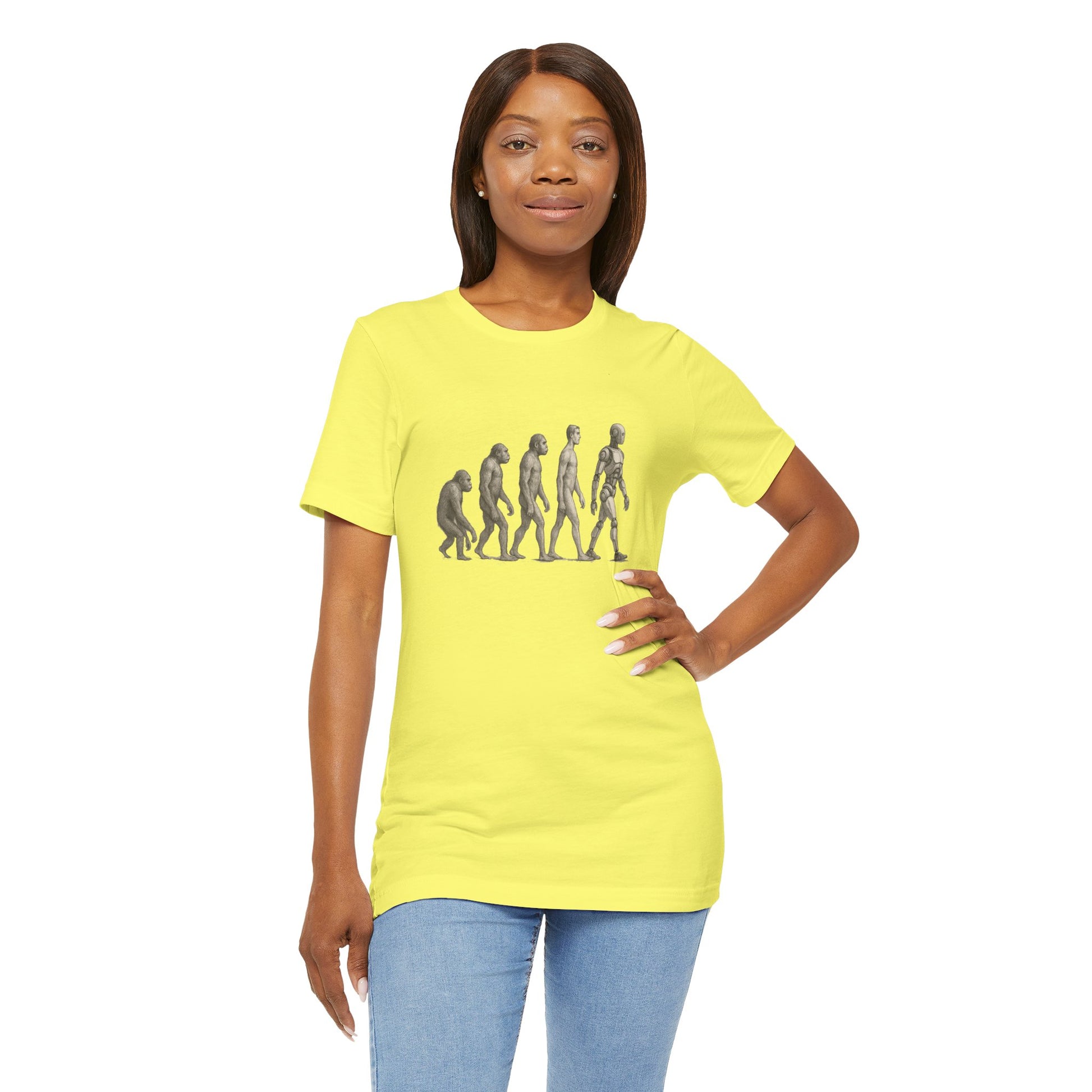 Model wearing yellow t-shirt with human evolution graphic from ape to robot