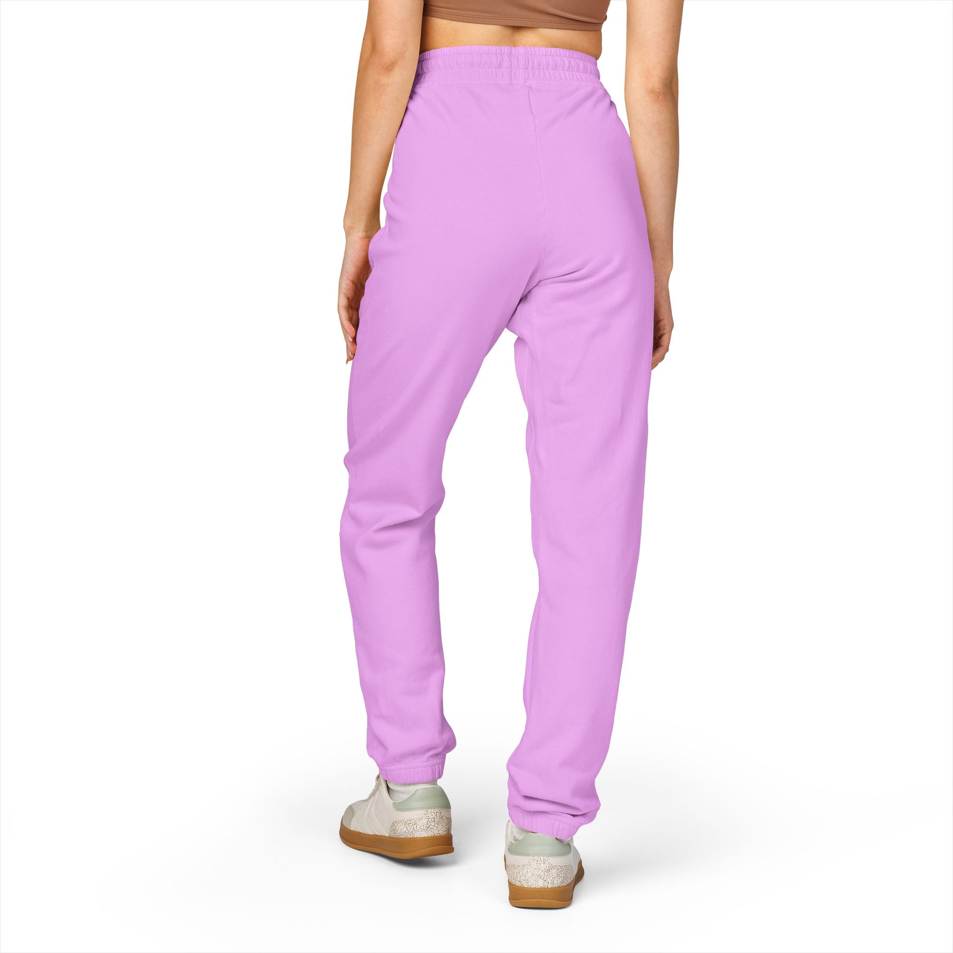Waistband and drawstring detail of lavender Tantrum Media Sweatpants, back view