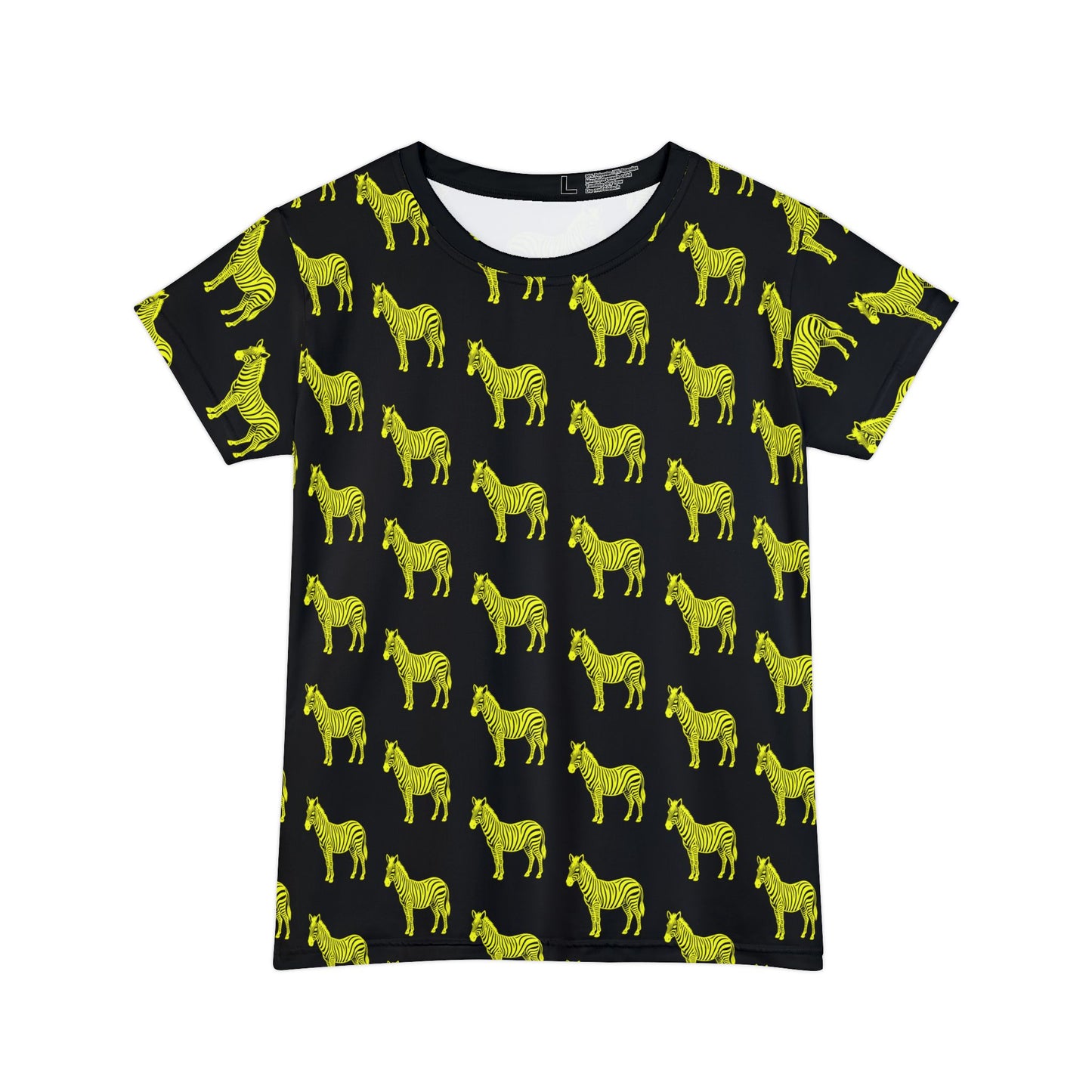Yellow Zebra Women's T-Shirt flat lay front view with neon zebra design on black fabric.