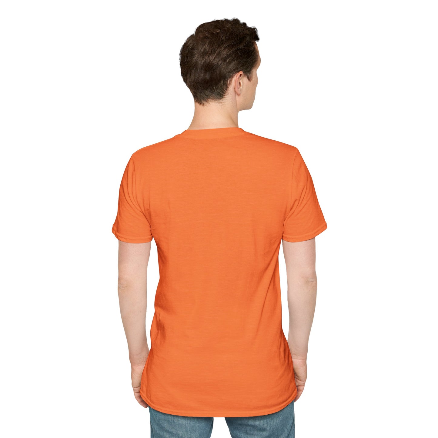 Person wearing an orange t-shirt on a white background