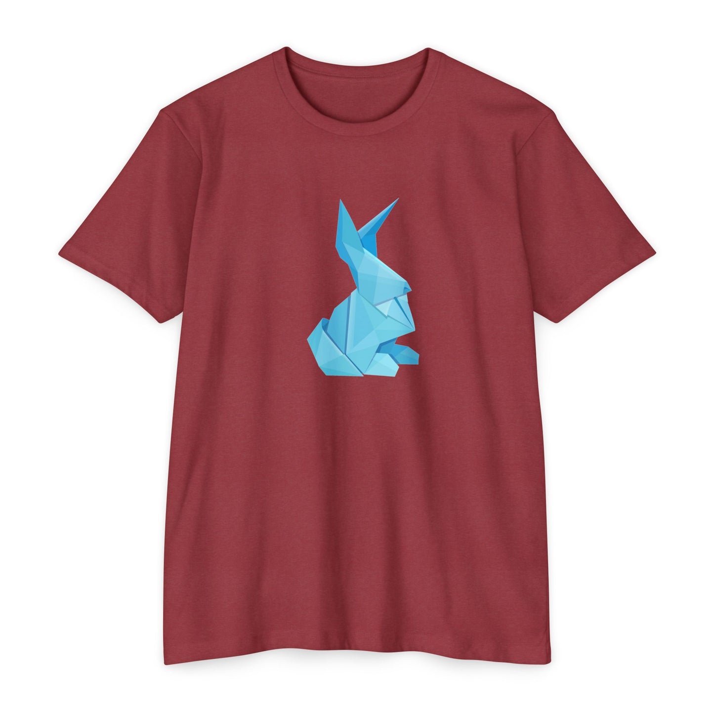 Red Origami Bunny T-Shirt featuring blue origami bunny design.