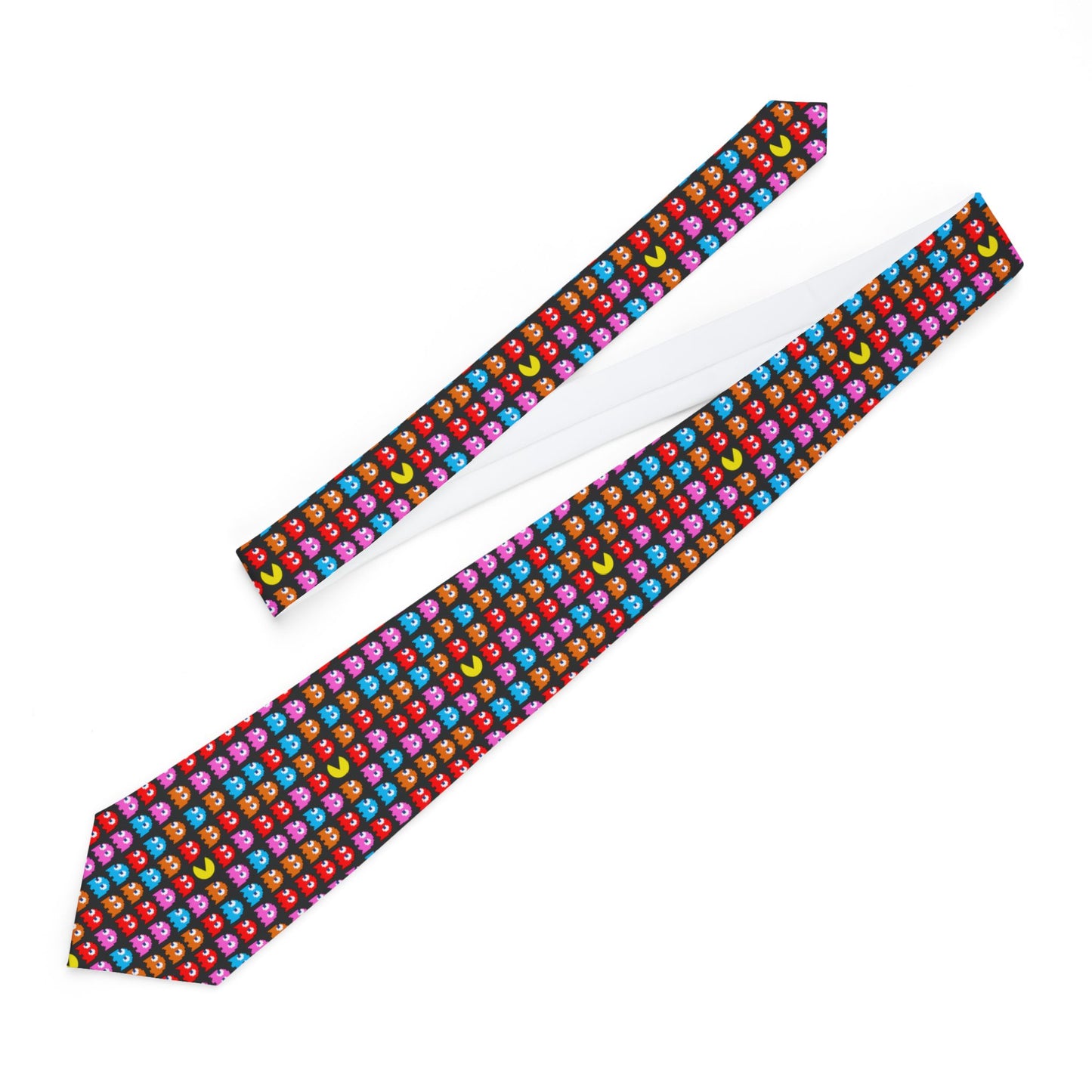 Arcade Ghost Necktie laid flat showing full pixel art design