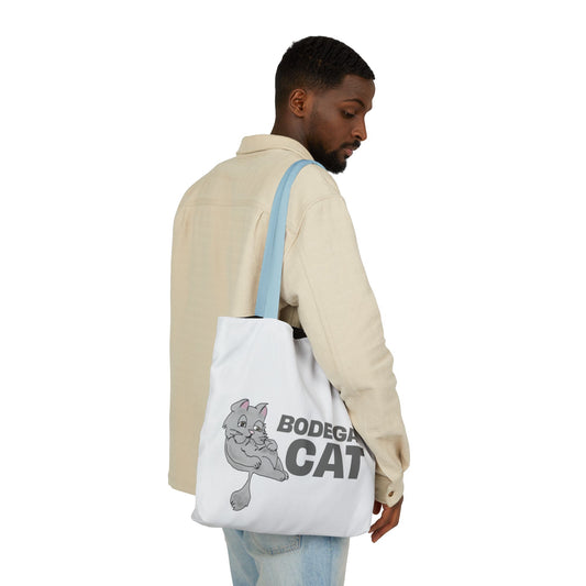 White tote bag featuring a cartoon cat illustration and the text "Bodega Cat"