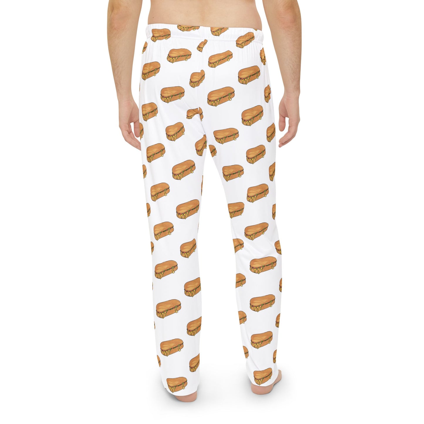 Back view of men’s white pajama pants with repeating chopped cheese sandwich pattern.