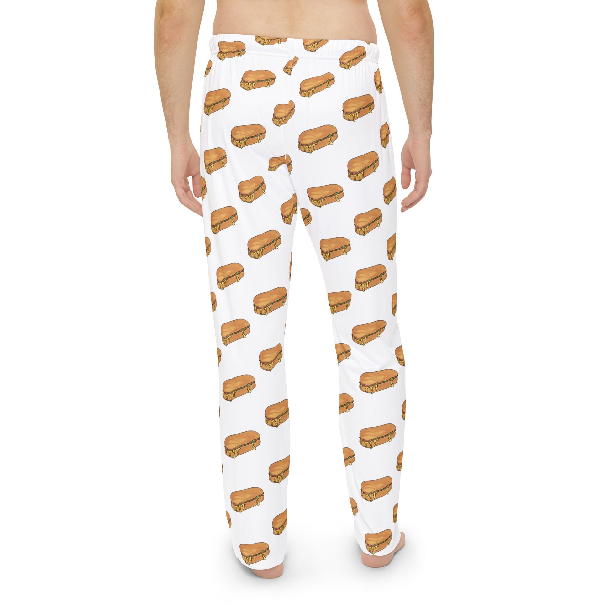Back view of men’s white pajama pants with repeating chopped cheese sandwich pattern.