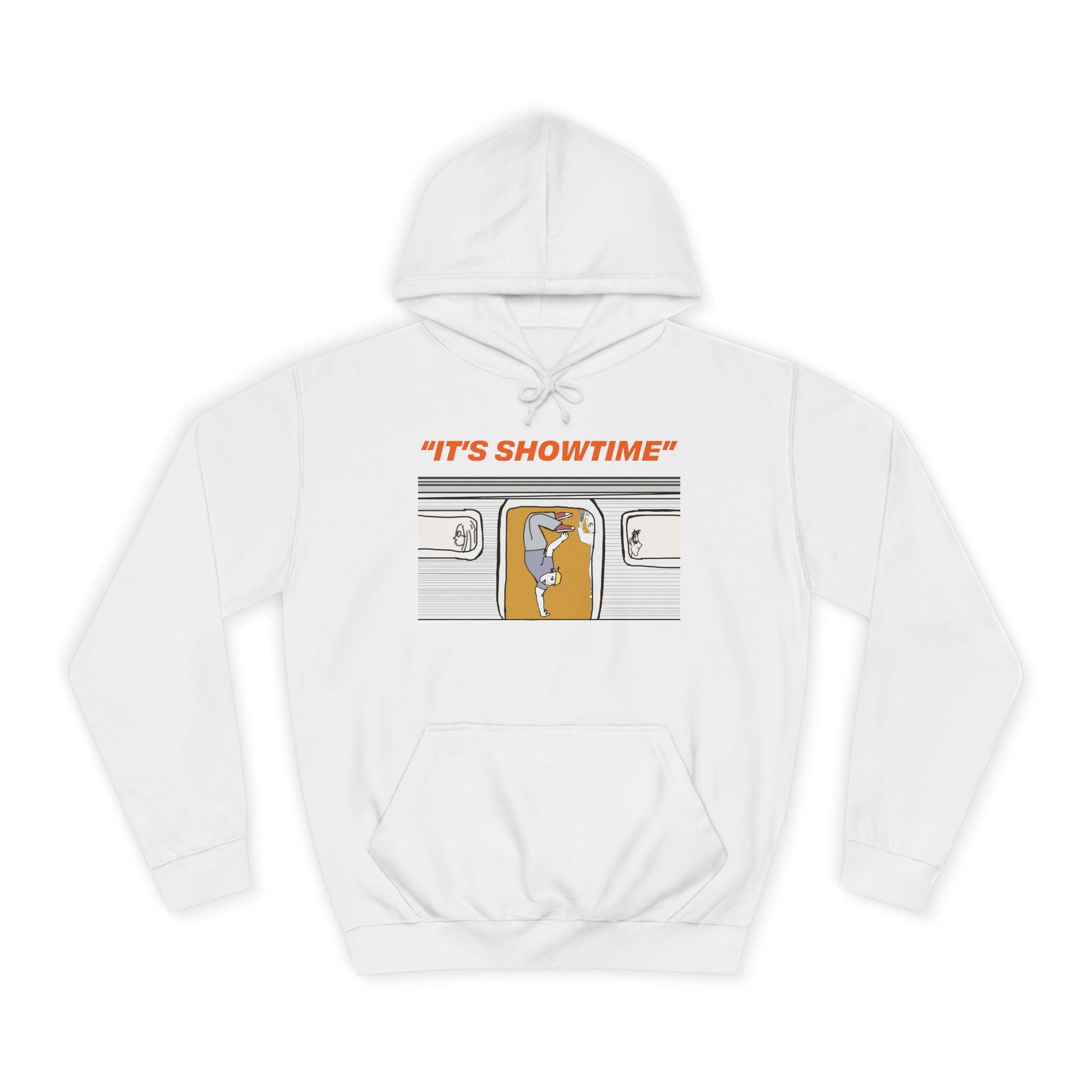 White It’s Showtime Hoodie with subway performer artwork on front.