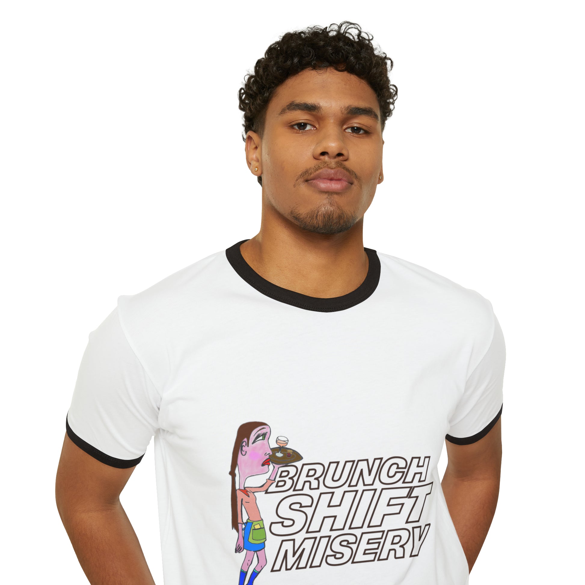 Male model wearing Brunch Shift Misery Ringer T-Shirt, casual stance