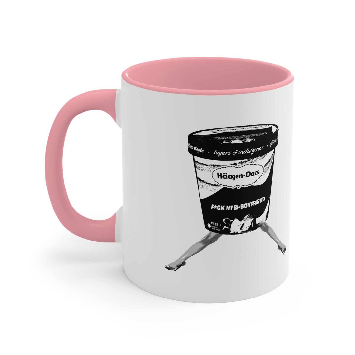 White mug with pink interior and handle featuring bold breakup design