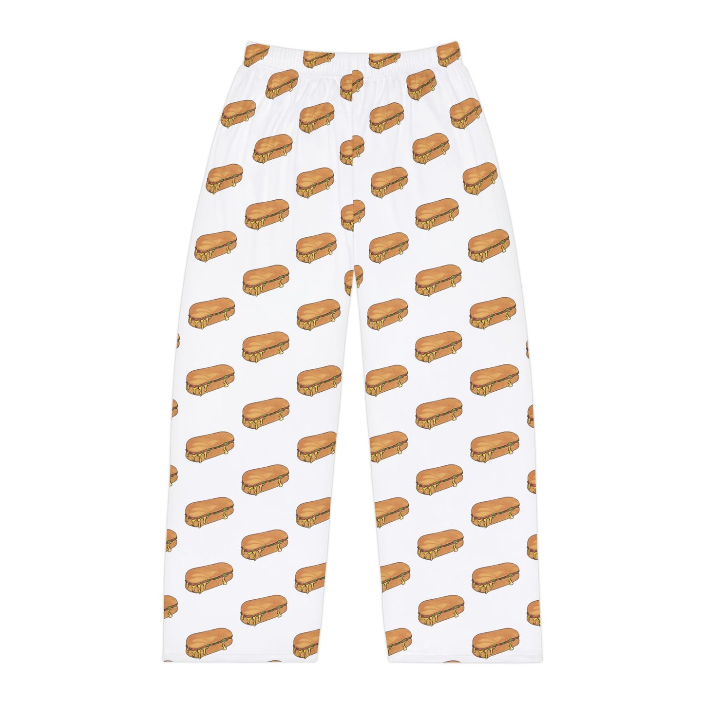 Flat lay front view of men’s pajama pants in white with chopped cheese sandwich pattern.