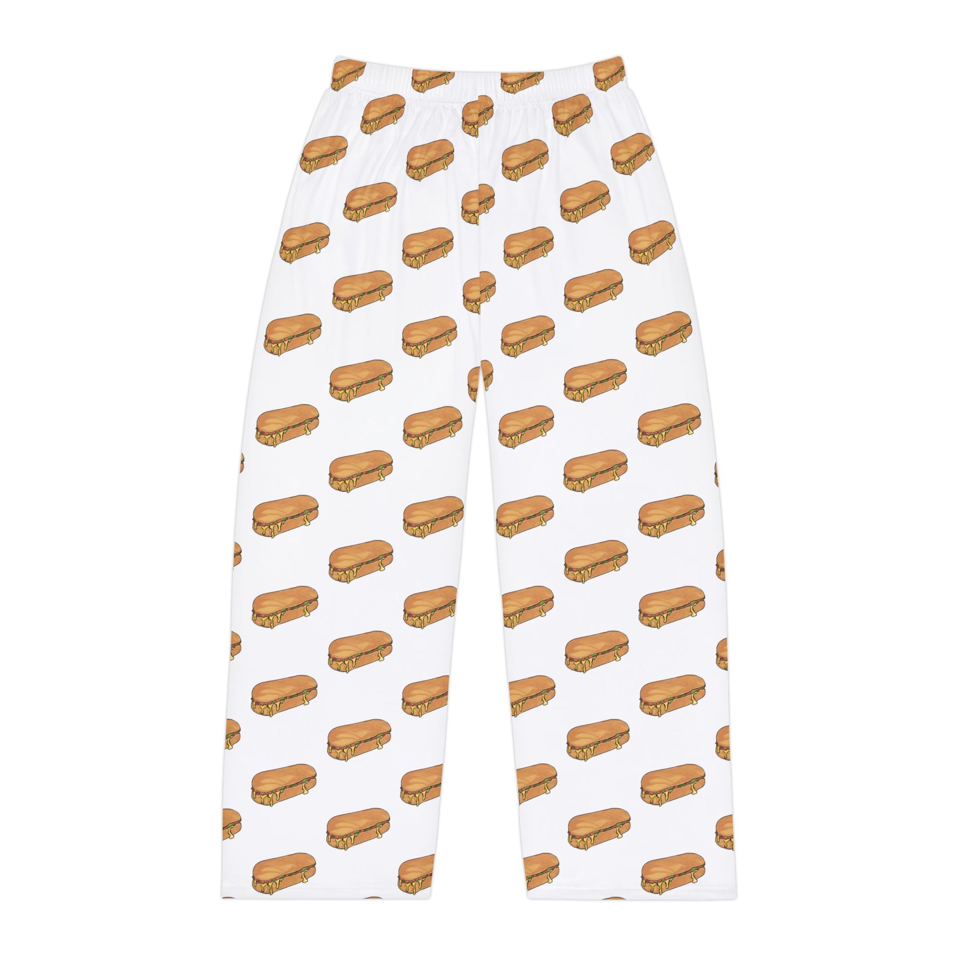 Flat lay front view of men’s pajama pants in white with chopped cheese sandwich pattern.