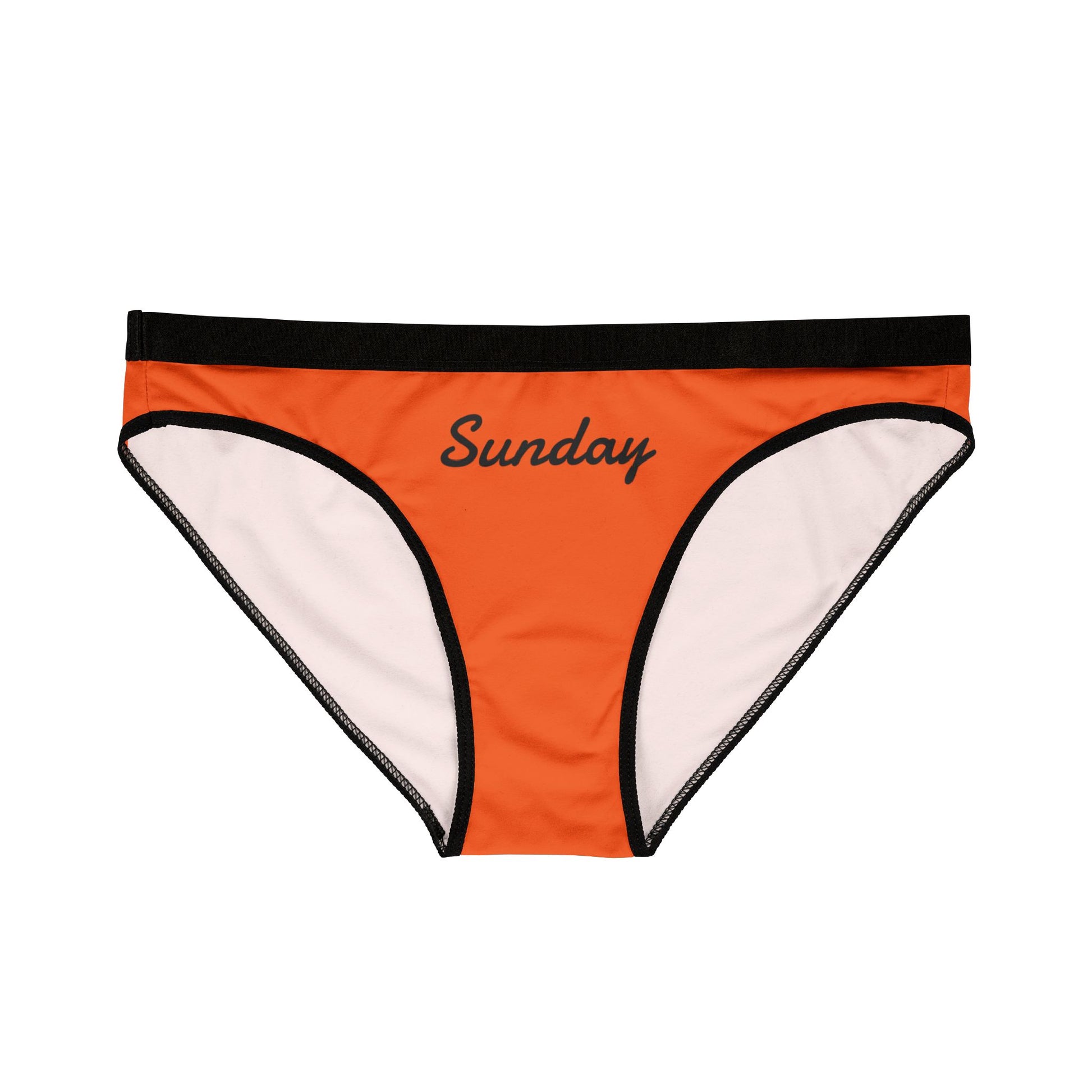 Front view of Sunday Panty in orange with black waistband and black “Sunday” text