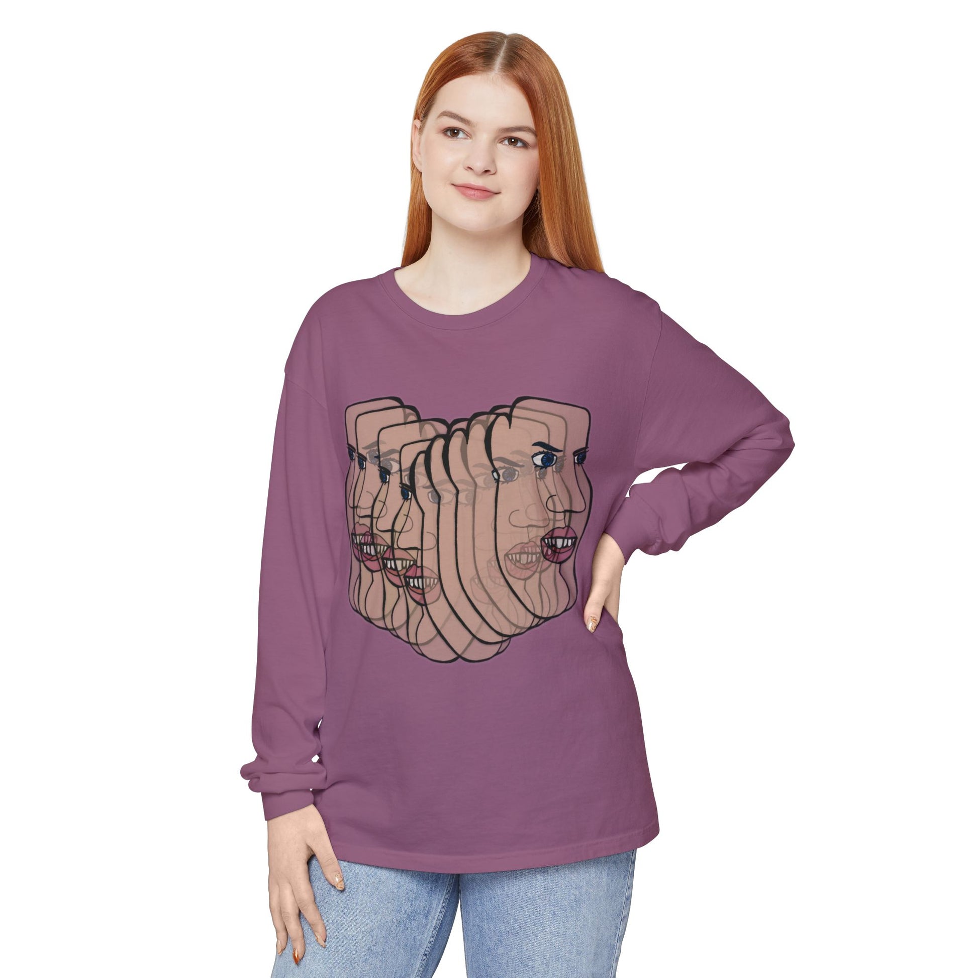 Female model wearing Charlie Long Sleeve T-Shirt in purple
