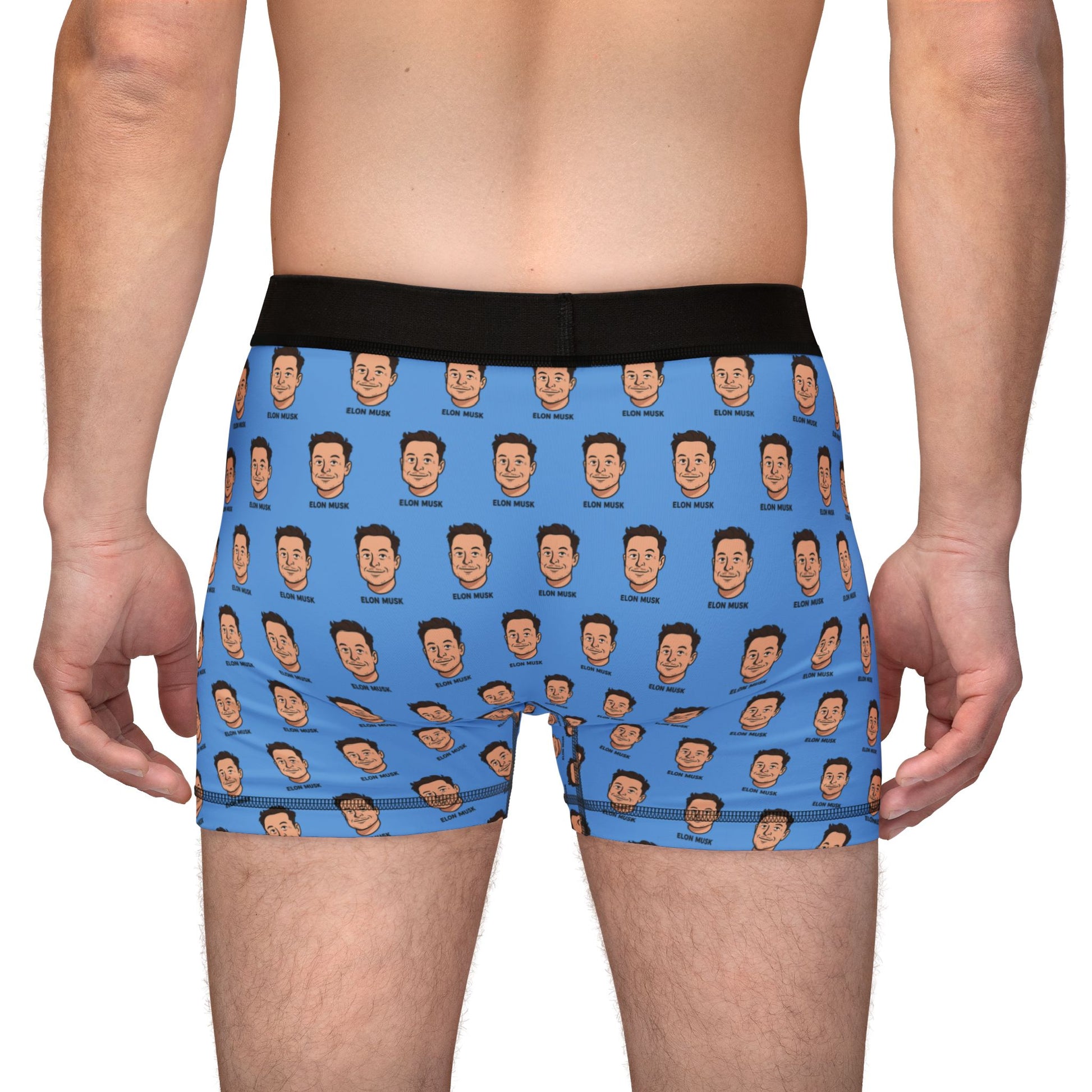 Back view of a man wearing Elon Musk Boxer Briefs, with full cartoon Elon pattern across the back.
